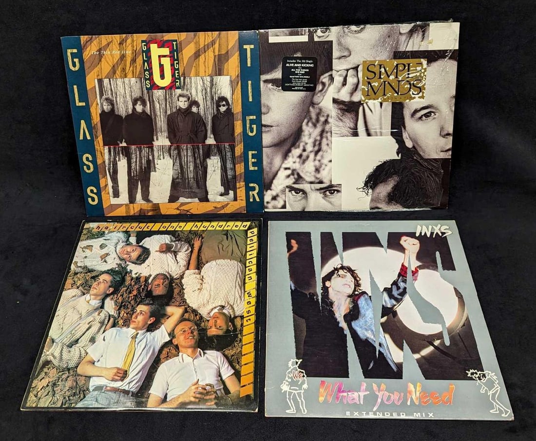 4 LPs Haircut One Hundred INXS Glass Tiger Simple Minds: 4 LPs Haircut One Hundred INXS Glass Tiger Simple Minds. This lot includes: (1) Haircut One Hundred – Pelican West. This was released by Arista in 1982. (1) INXS – What You Need (Extended Mix). Th