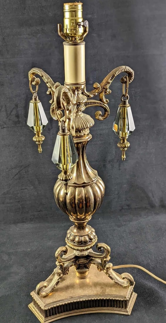 Vintage Brass Table Lamp With Hanging Crystal (1 of 5)