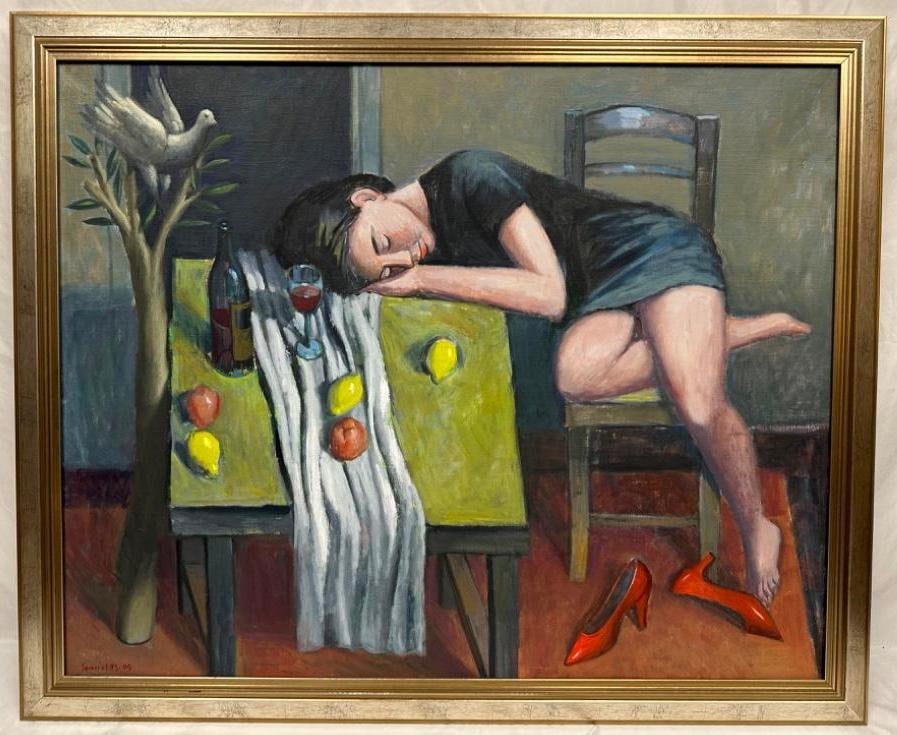 Pavlos Samios Large Original Oil on Canvas: Pavlos Samios Large Original Oil on Canvas Original oil on canvas by well-known Greek painter Pavlos Samios. The painting features a woman sleeping with her head down on a table. In the top left corne