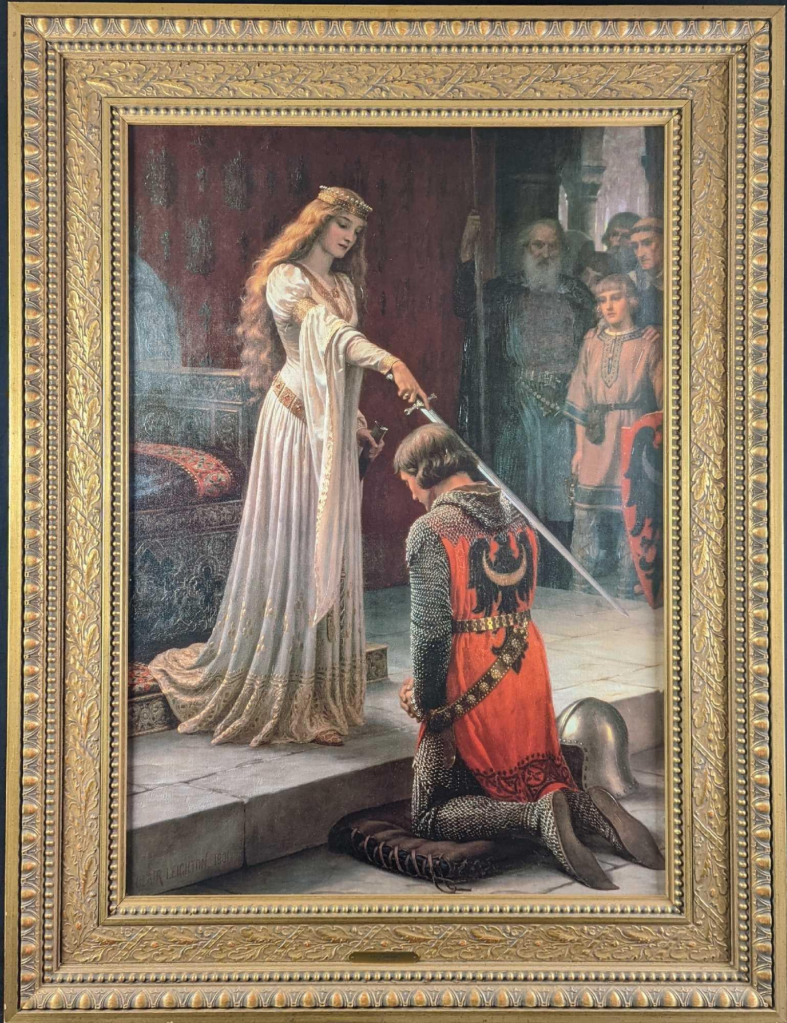 JB Framed Edmund Leighton Embellished Lithograph: Here is an embellished lithograph of Edmund Leighton's "The Accolade". The original painting was produced by Leighton in the 1900s on the subject of chivalry, with others including God Spe