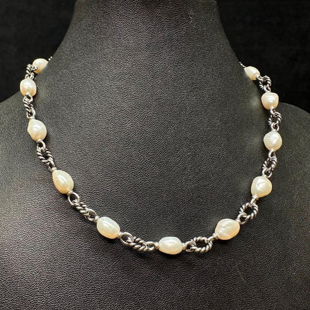 Sterling Silver & River Pearl Necklace: This piece of jewelry has been tested and researched prior to listing. Please view all our pictures they are part of our description. DETAILS: Metal - Sterling Silver Color - Silver Stones - river pea