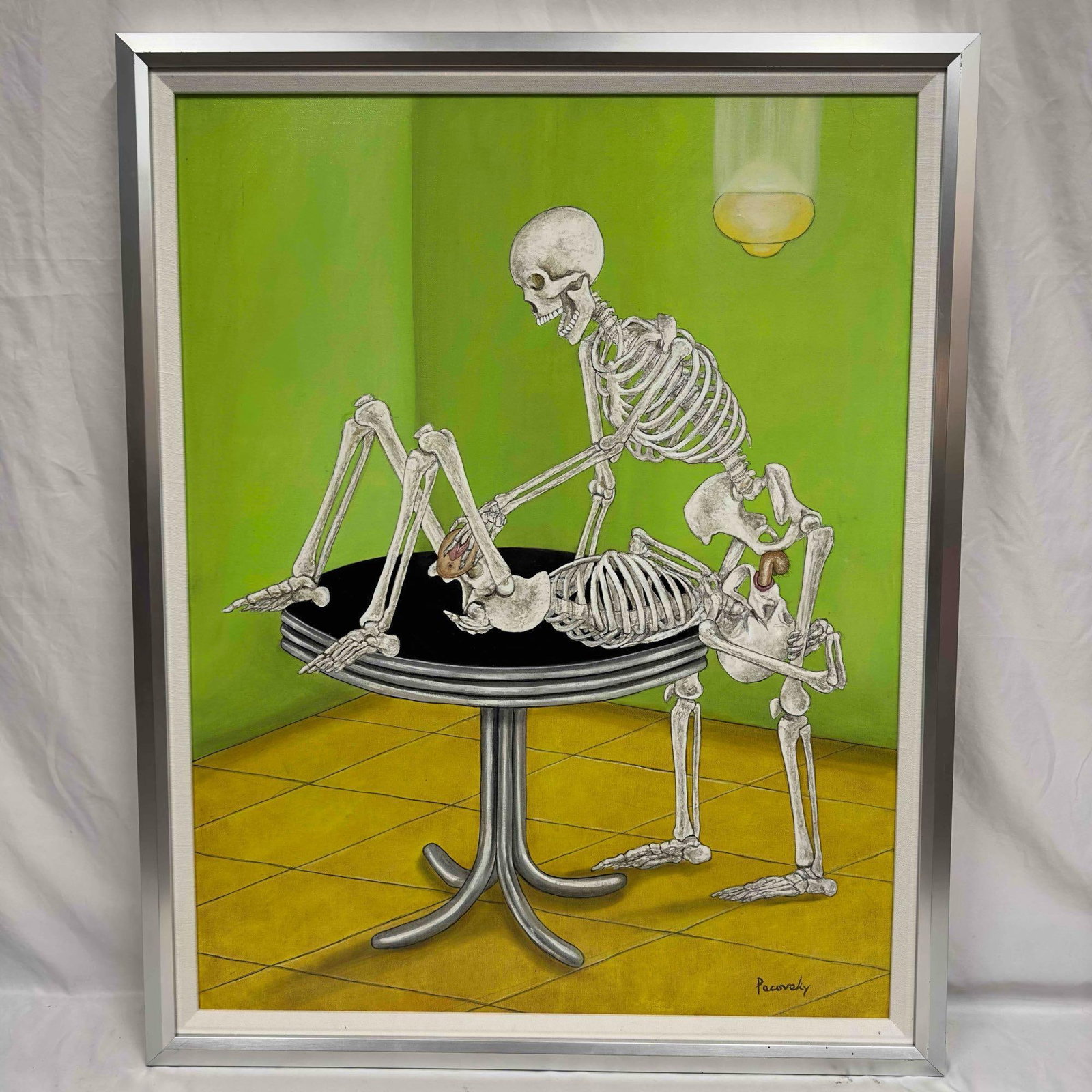 Framed Original Acrylic On Canvas Sex After Death Dining Room Surrealist Painting John Pacovsky: Framed Original Acrylic On Canvas Sex After Death Dining Room Surrealist Painting John Pacovsky. John Pacovsky acrylic on canvas surrealist erotic skeleton painting featuring skeletons in a dining roo