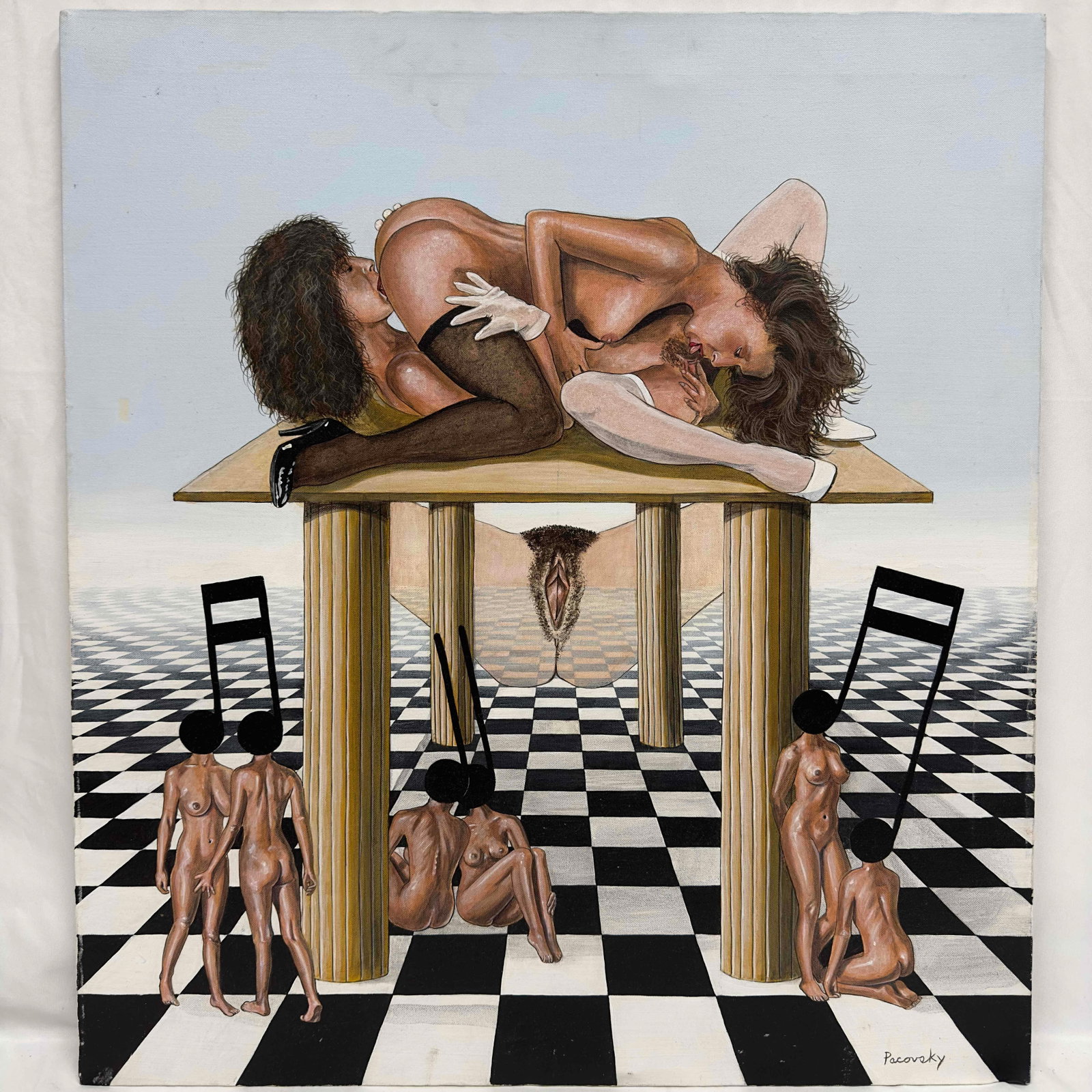 Original Acrylic On Canvas Nude Women Music Notes Surrealist Painting By John Pacovsky: Original Acrylic On Canvas Nude Women Music Notes Surrealist Painting By John Pacovsky. John Pacovsky acrylic on canvas surrealist erotic painting featuring women in a nude scene artwork. The original