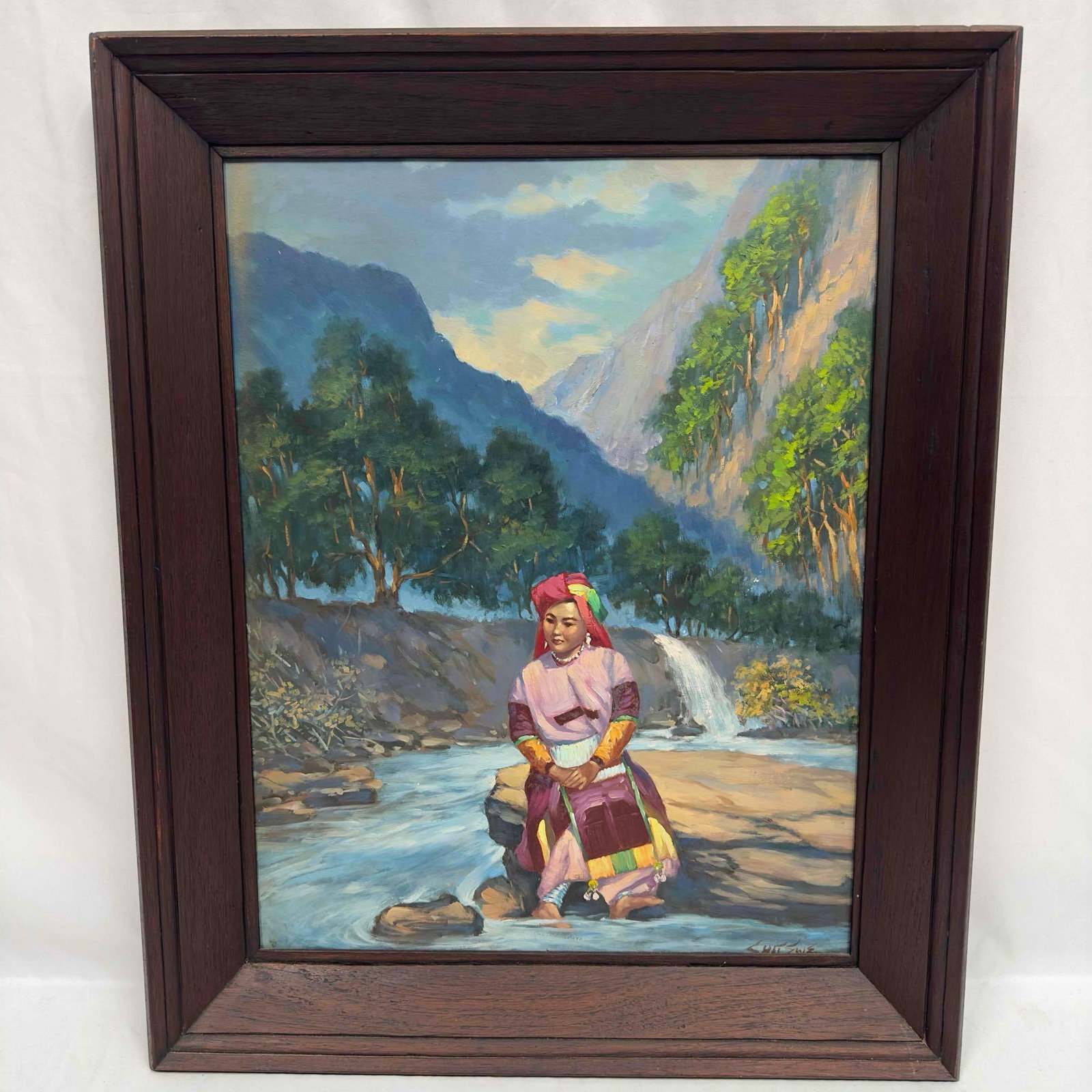 Folk Art Oil Painting Foreign Woman By River Mountain and Trees (1 of 10)