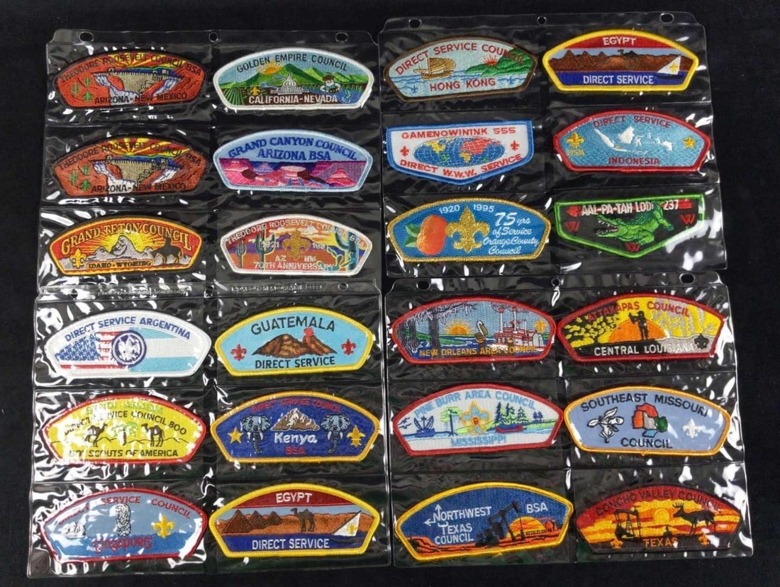 Boy Scout Council Shoulder Badges Lot Of 24 A: This lot consists of: (1) New Orleans Area Council. (1) Pine Burr Area Council - Mississippi. (1) Northwest Texas Council. (1) Attakapas Council - Central Louisiana. (1) Southwest Missouri Council. (1