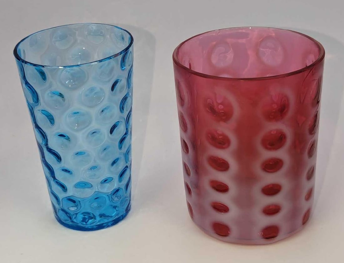 Coin Dot Cranberry Tumbler Glass & Blue Inverted Polka Dot Glass: Coin Dot Cranberry Tumbler Glass & Blue Inverted Polka Dot Glass. This lot includes: (1) Coin Dot Cranberry Tumbler Glass. This is approx 3" x 3" x 3 5/8". (1) Small Blue Inverted Pol
