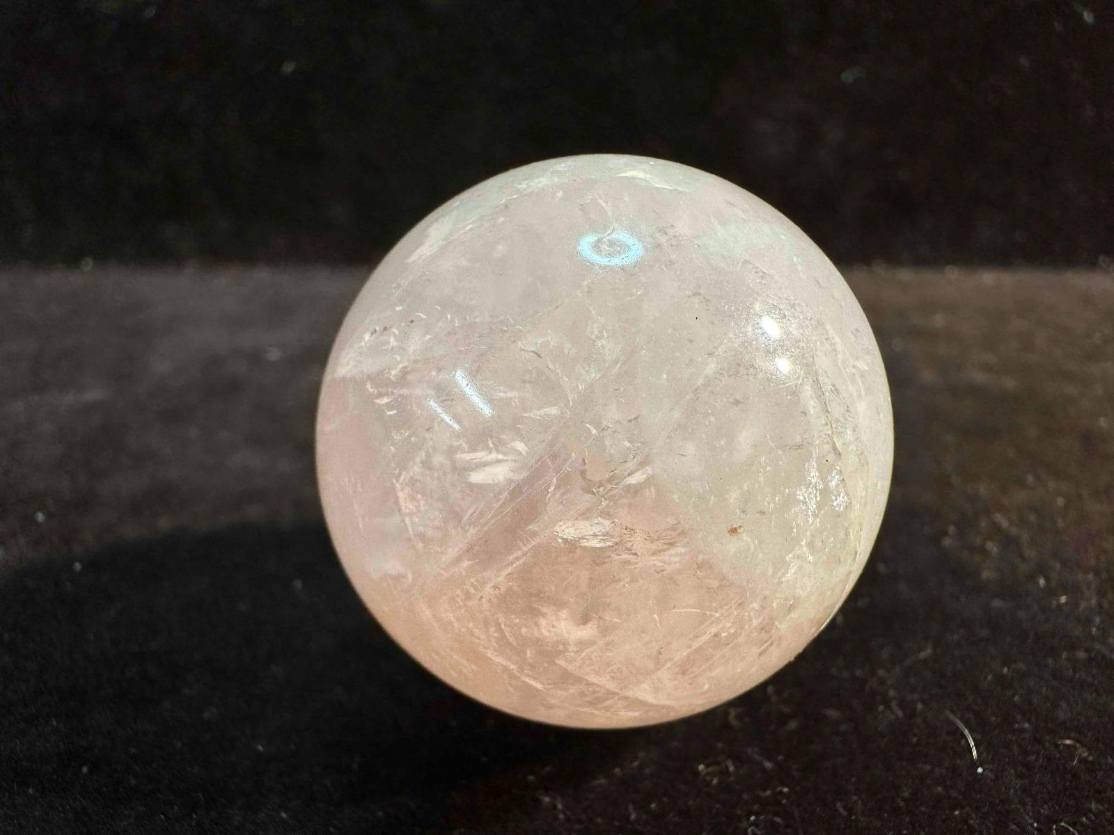 Pink Marble Sphere Round Gemstone Quartz Polished Stone Ball: Pink Marble Sphere Round Gemstone Quartz Stone Ball. Marble quartz sphere that is light pink in color. This item is in good pre-owned, previously displayed condition with light wear, and surface scrat
