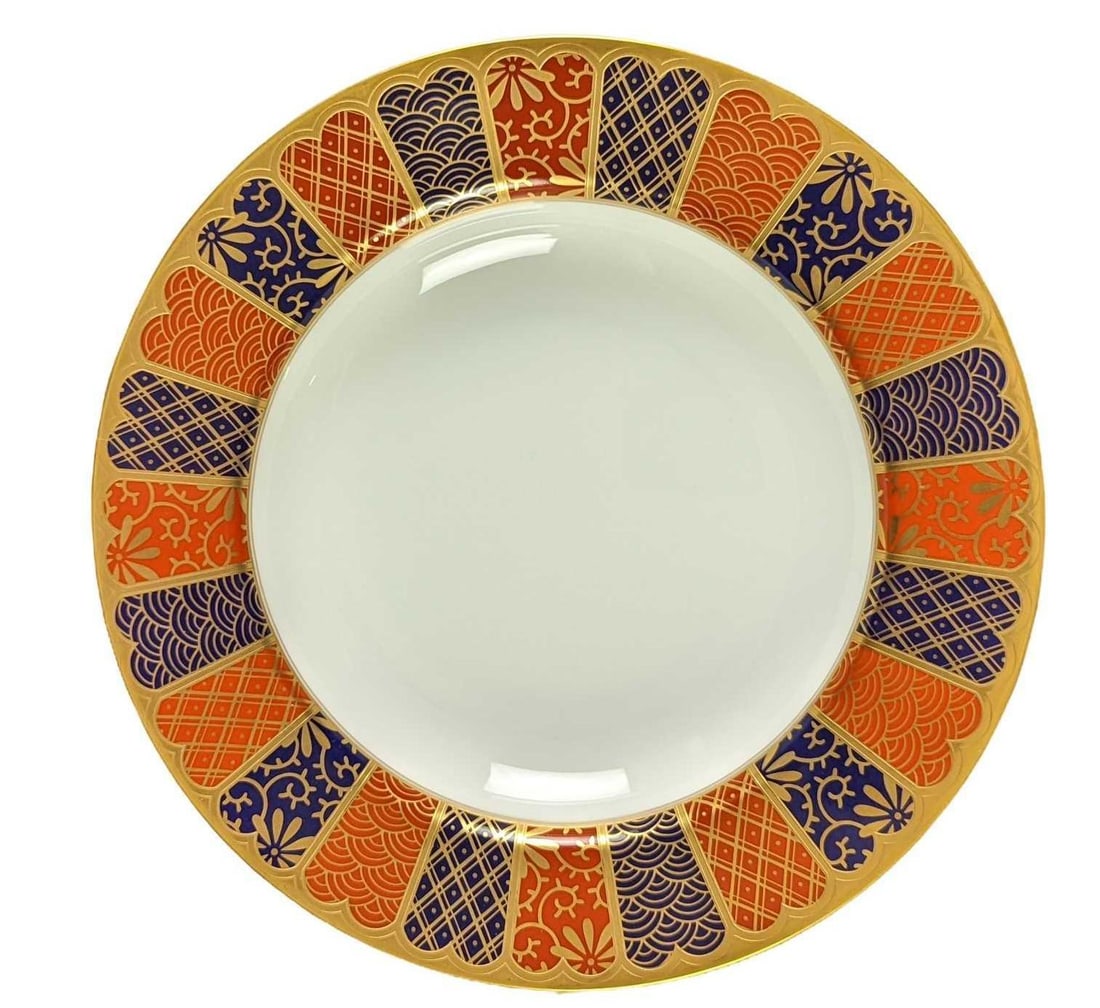 Retired Fitz and Floyd Shinmonzen Large Rim Bowl: This series was released only during the year 1991. The large rim bowl is approx 9 1/4" x 9 1/4" x 1 1/2" and it weighs 1.01lb. The bowl is in a good, used condition with no chips or crack