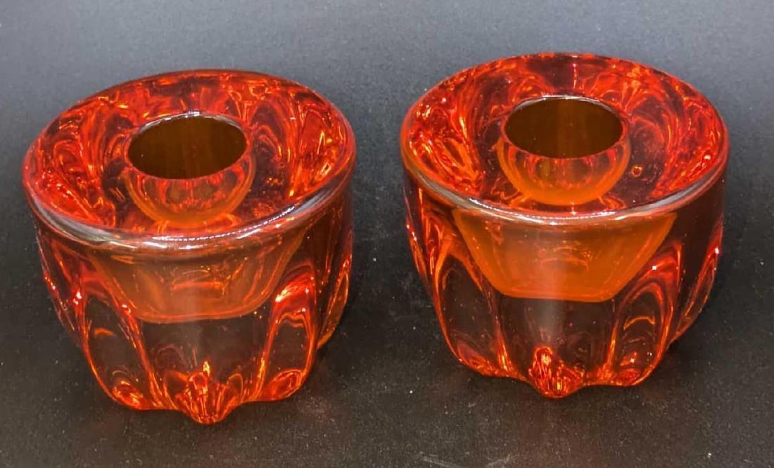 2 Vintage Viking Glass Orange Round Candlestick Holders: 2 Vintage Viking Glass Orange Round Candlestick Holders. Each is approx 2 1/2" x 2 1/2" x 2" and the total weight is 1.35lb. There are some wear and scratches on the bottom.