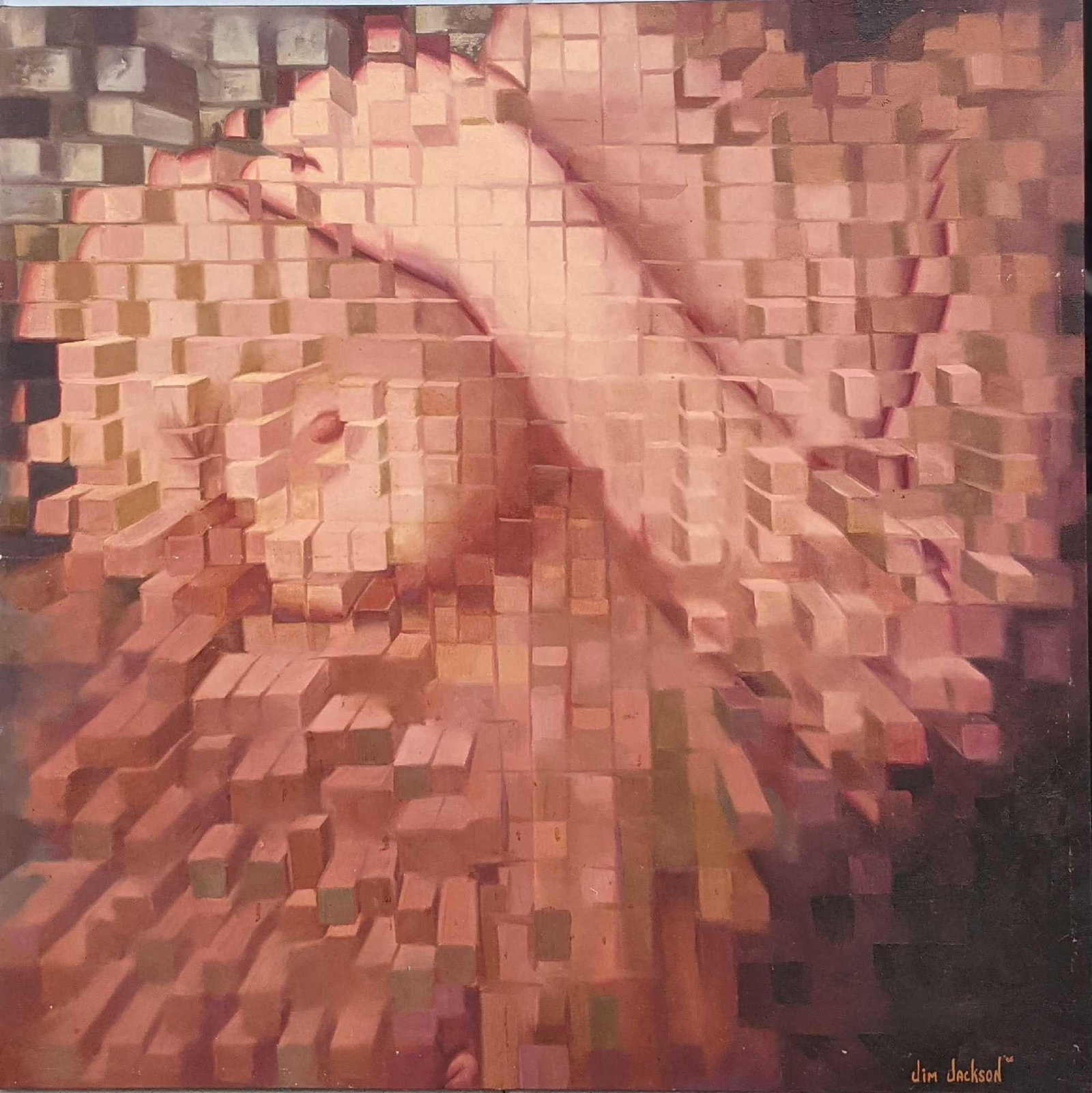 Acrylic On Canvas Jim Jackson Nude Woman Torso Cubed: Original Acrylic On Canvas Of A Nude Woman's Chest. Was originally painted by Orlando native Jim Jackson in 2006. This original is approx 48" x 1 1/2" x 48" and it weighs 8lbs. The ori