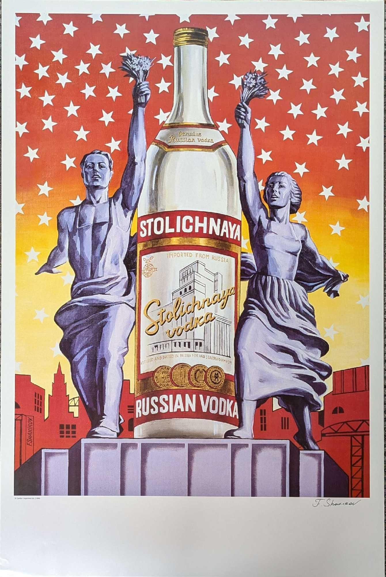 Signed Stolichnaya Vodka Freedom Of Vodka Poster: Signed Stolichnaya Vodka Freedom Of Vodka Poster. The poster is 24" x 36" and it weighs 0.10lb. The poster has some creases and small rips on the bottom and tops. We could not find any informa