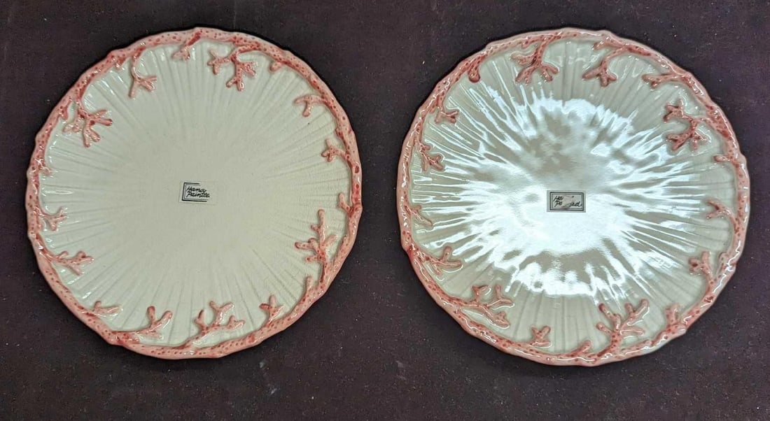 2 Vintage Retired Fitz & Floyd Oceana Salad Plates A K57: 2 Vintage Retired Fitz & Floyd Oceana Salad Plates A K57. Each is approximately 7 1/2" x 7 1/2" x 3/4" and the total weight is 1.60lb. Both plates have crazing and "Hand-Painted