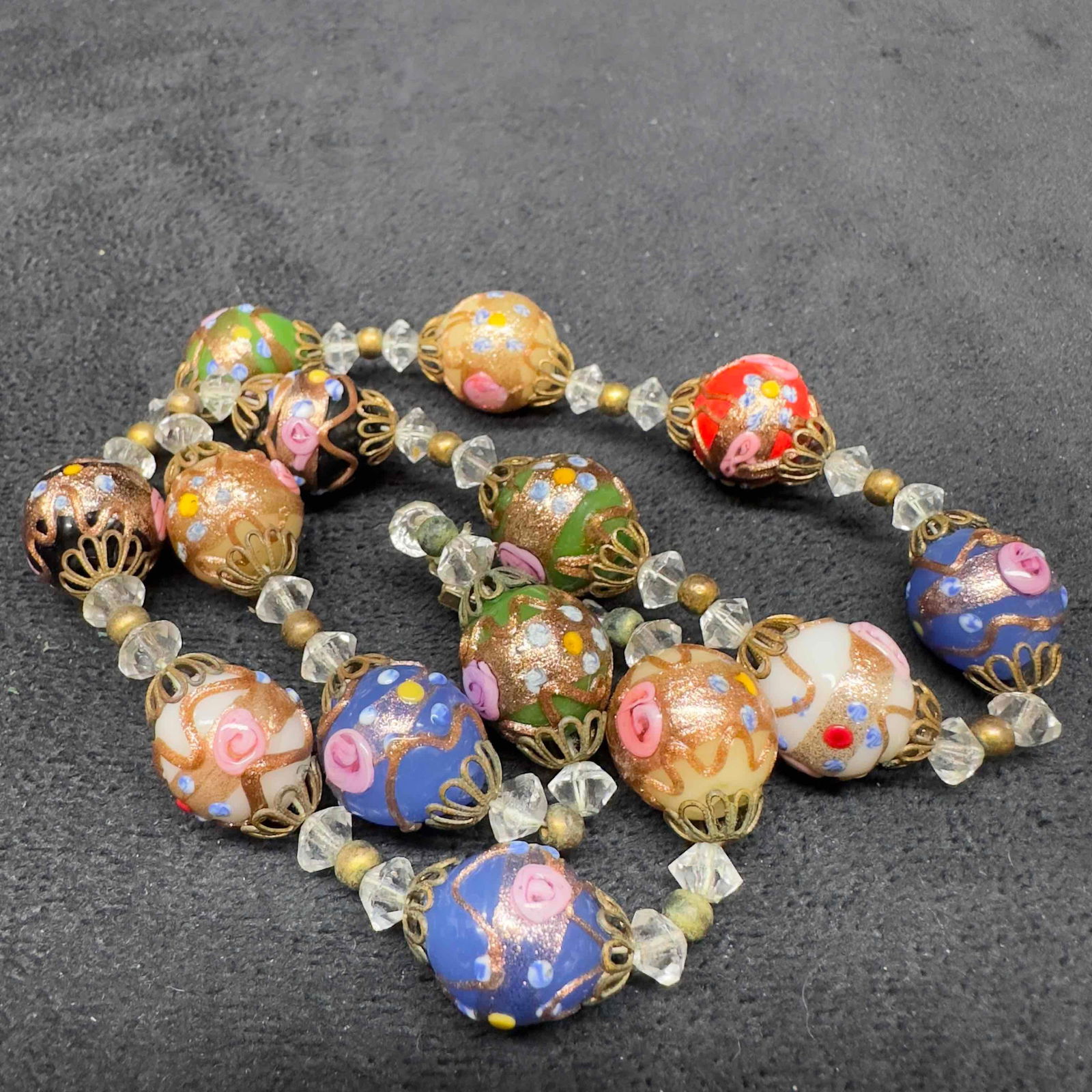Venetian Murano Lamp Work Art Glass Fiorato Beaded Multi Colored Floral Bead Necklace B81 (1 of 7)