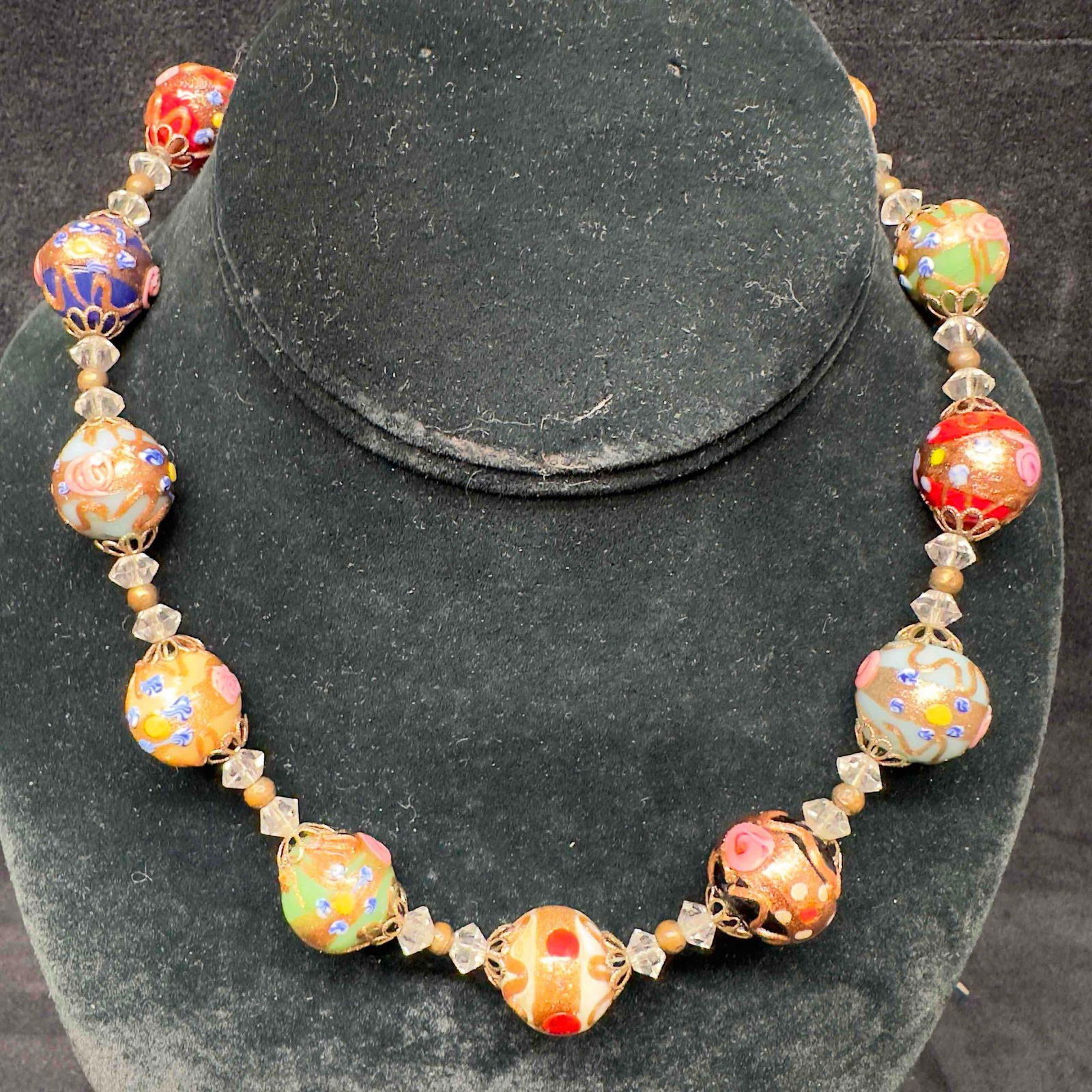 Venetian Murano Lamp Work Art Glass Fiorato Multi Colored Floral Beaded Necklace B82 (1 of 6)