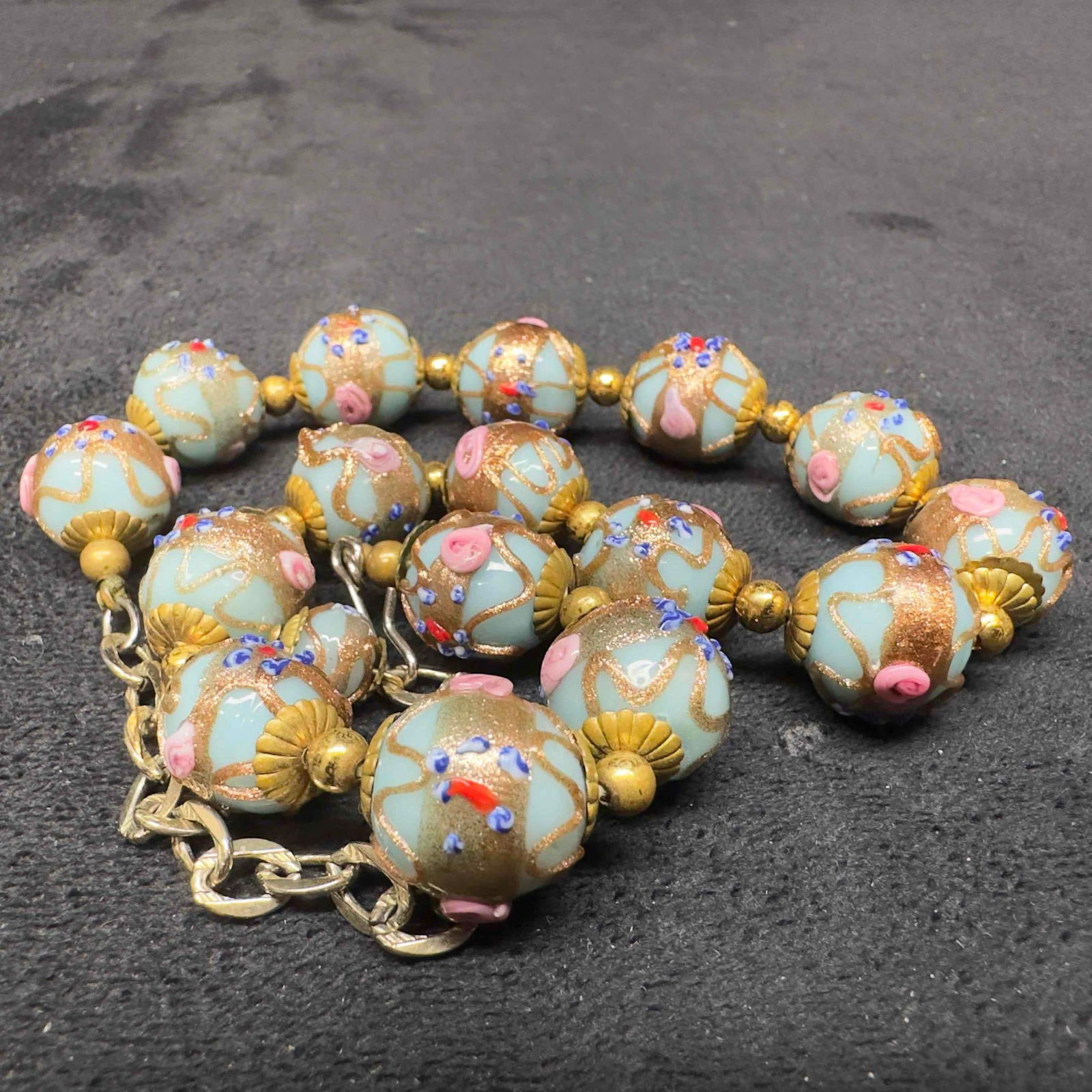 Venetian Murano Lamp Work Art Glass Bead Fiorato Floral Light Blue Beaded Necklace B90 (1 of 7)