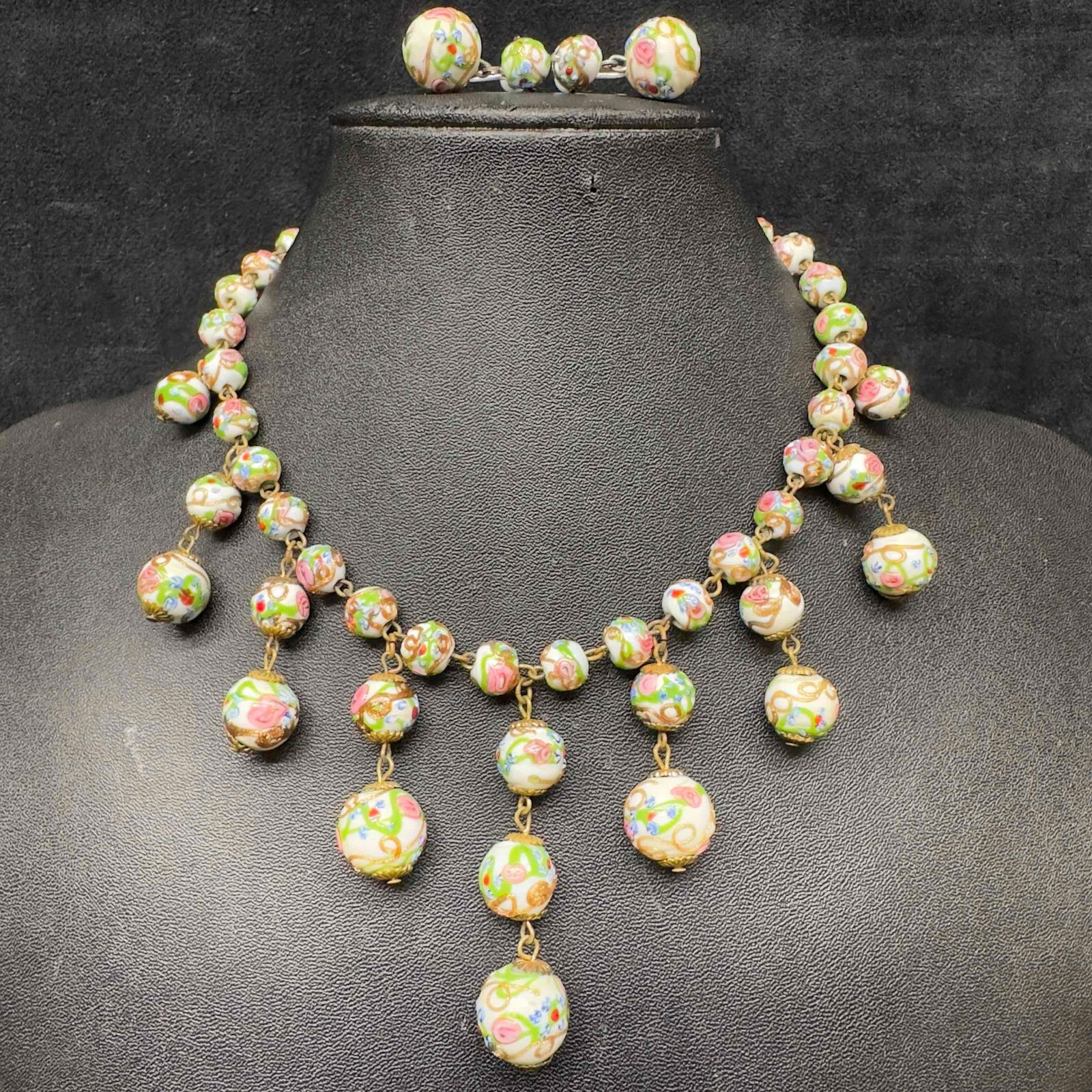 Venetian Murano Lamp Work Art Glass White Round Fiorato Bead Necklace and Floral Earrings Set B74 (1 of 9)