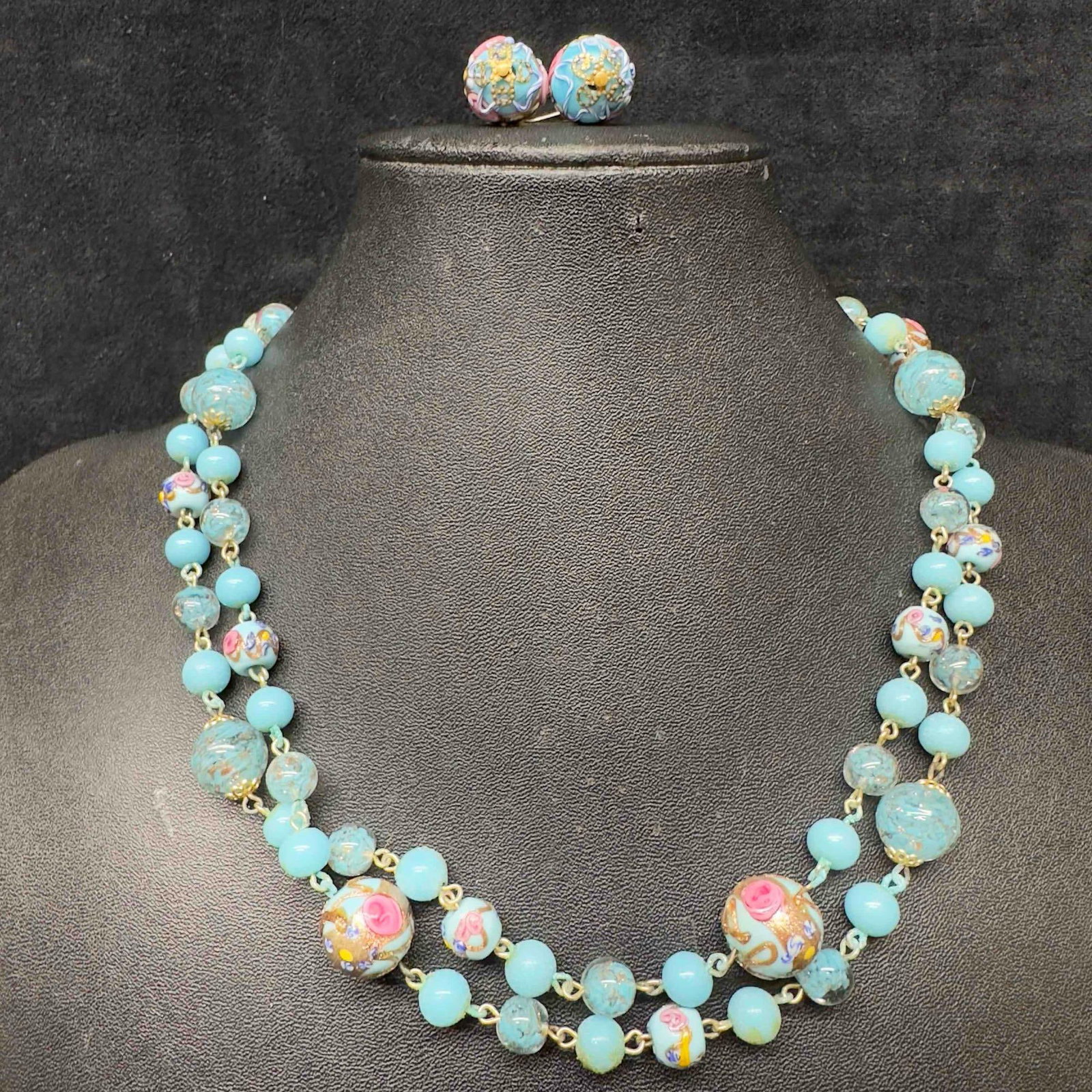 Venetian Murano Lamp Work Glass Light Blue Round Fiorato Bead Necklace and Floral Earrings Set B48: Venetian Murano Lamp Work Glass Light Blue Round Fiorato Bead Necklace and Floral Earrings Set B48. Necklace and earrings with light blue colored glass beads with beautiful hand painted designs on eac