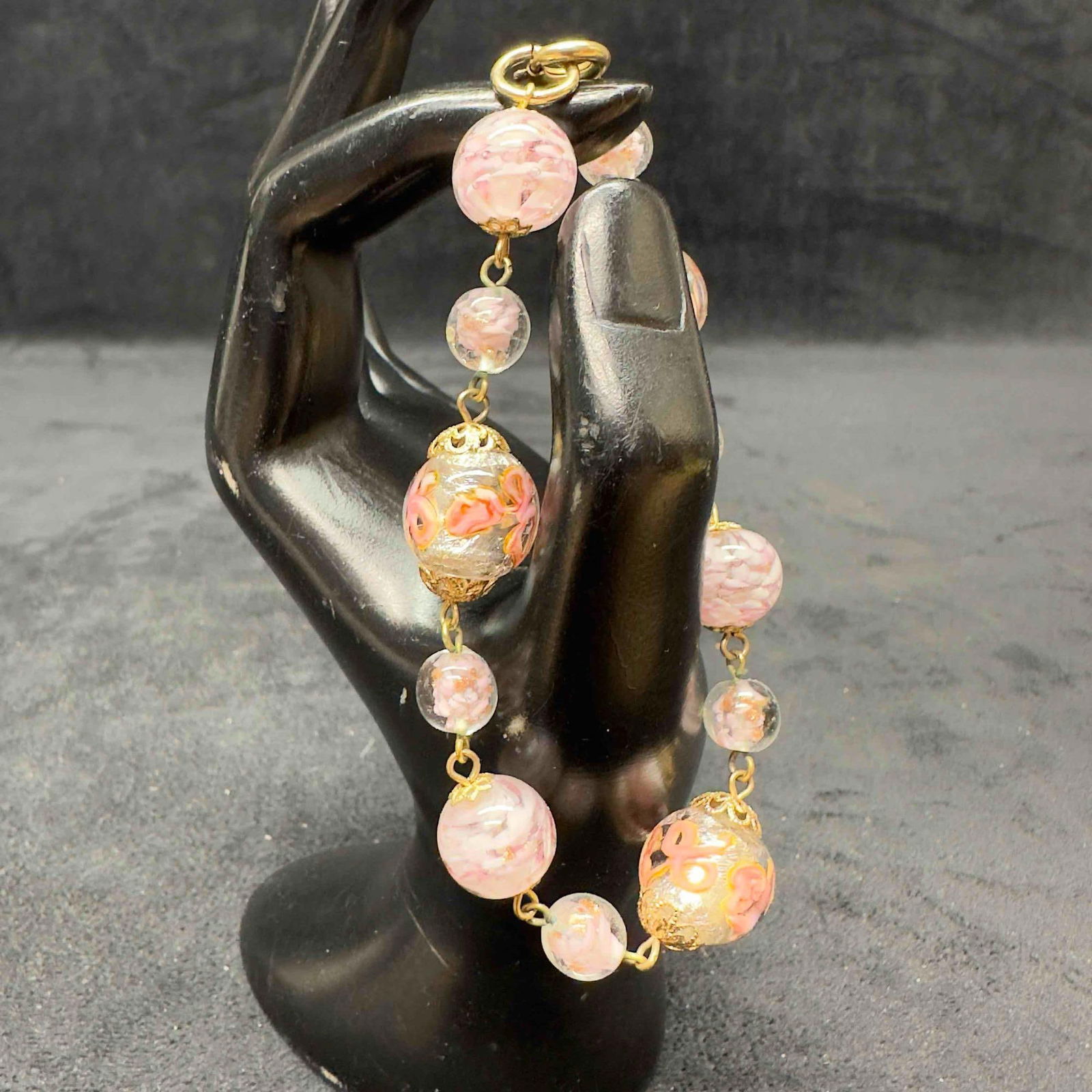 Murano Venetian Lamp Work Glass Pink Silver Accents Bead Bracelet B29 (1 of 7)