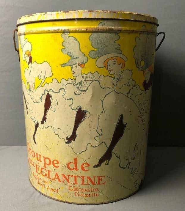 Vintage Sherry Lehmann NYC Troupe De Mile Eglantine Le Can Can Lautrec Style Tin: Vintage Sherry Lehmann NYC Troupe De Mile Eglantine Le Can Can Lautrec Style Tin. This is approx 12 1/2" x 12 1/2" x 15" and it weighs 3.30lbs. The can has some surface rust, scratches and