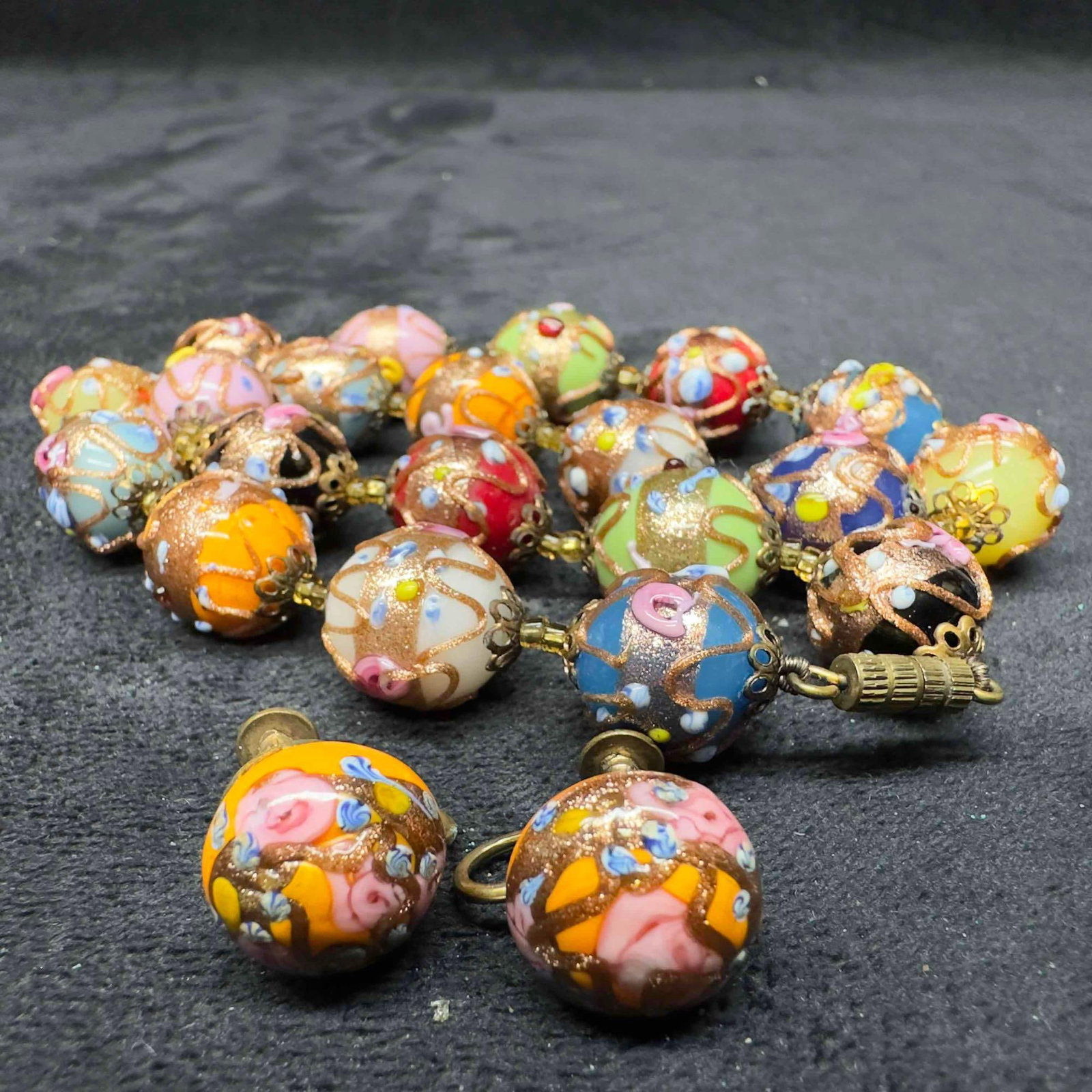 Venetian Murano Lamp Work Art Glass Multi Colored Fiorato Beaded Necklace Orange Earrings Set B55 (1 of 9)