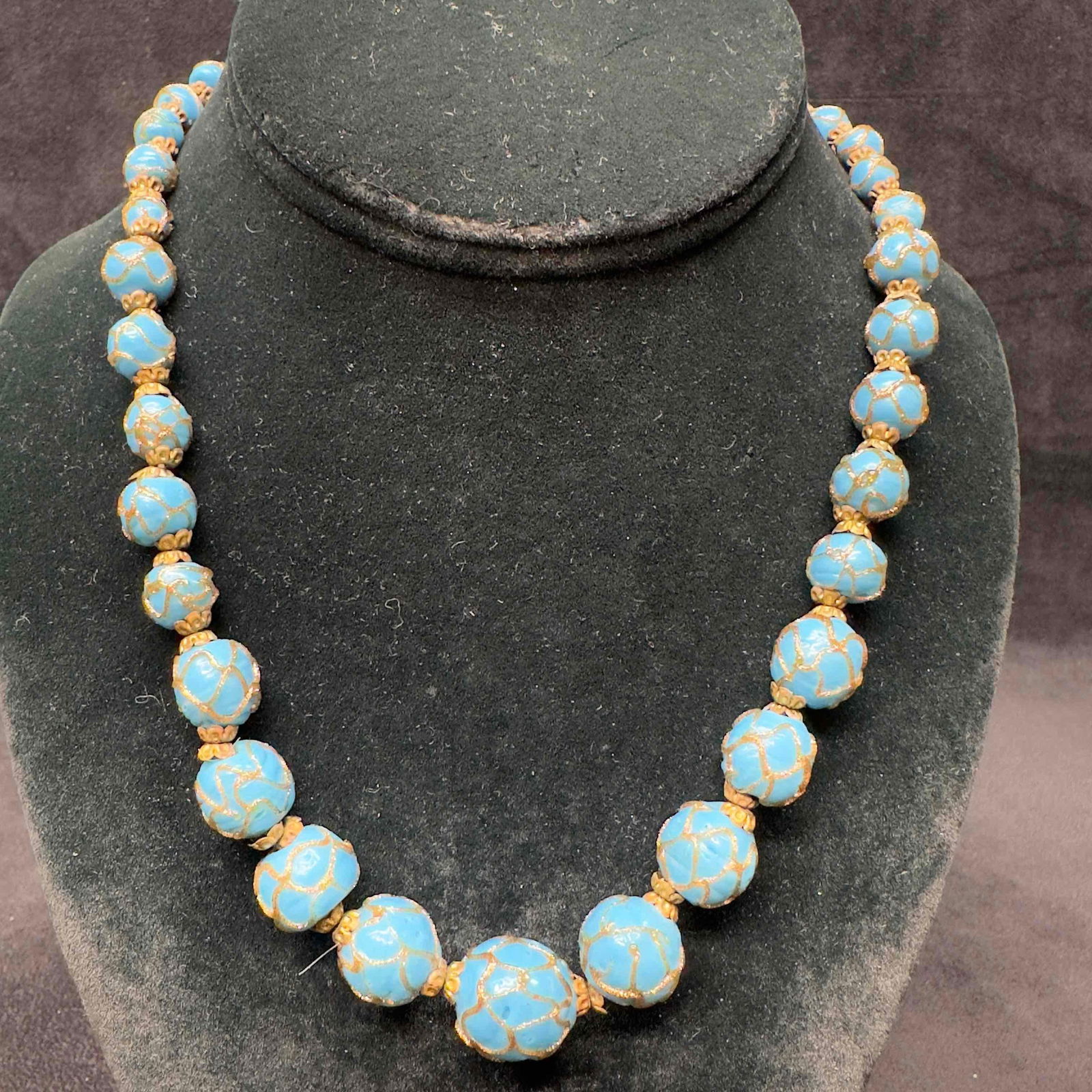 Murano Venetian Art Glass Lamp Work Aqua Blue Silver Accents Beaded Necklace B60 (1 of 8)