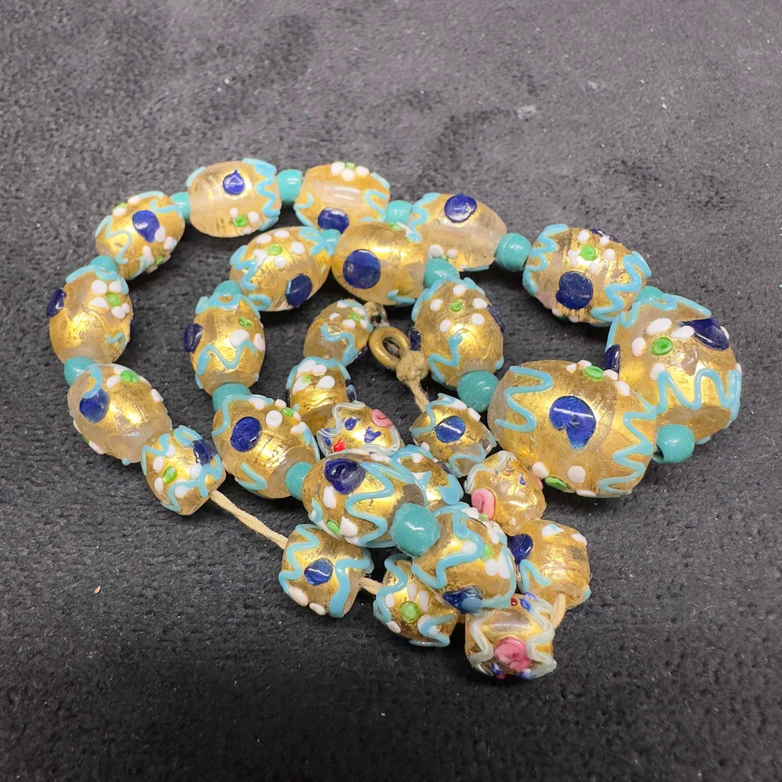 Murano Venetian Art Glass Lamp Work Light Blue Gold Beaded Necklace B62 (1 of 7)