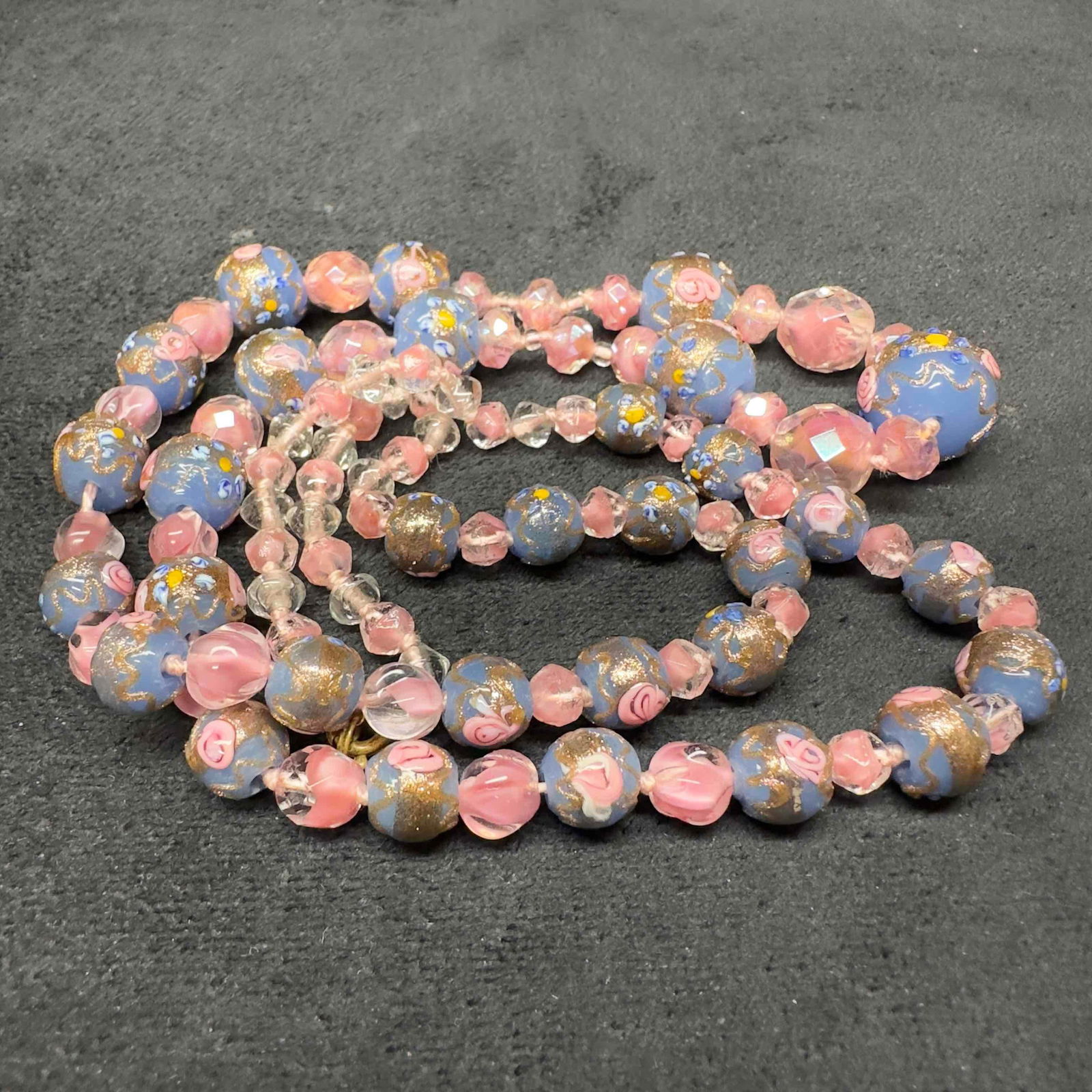 Murano Venetian Art Glass Lamp Work Blue Bead Pink Beaded Long Necklace B67 (1 of 8)