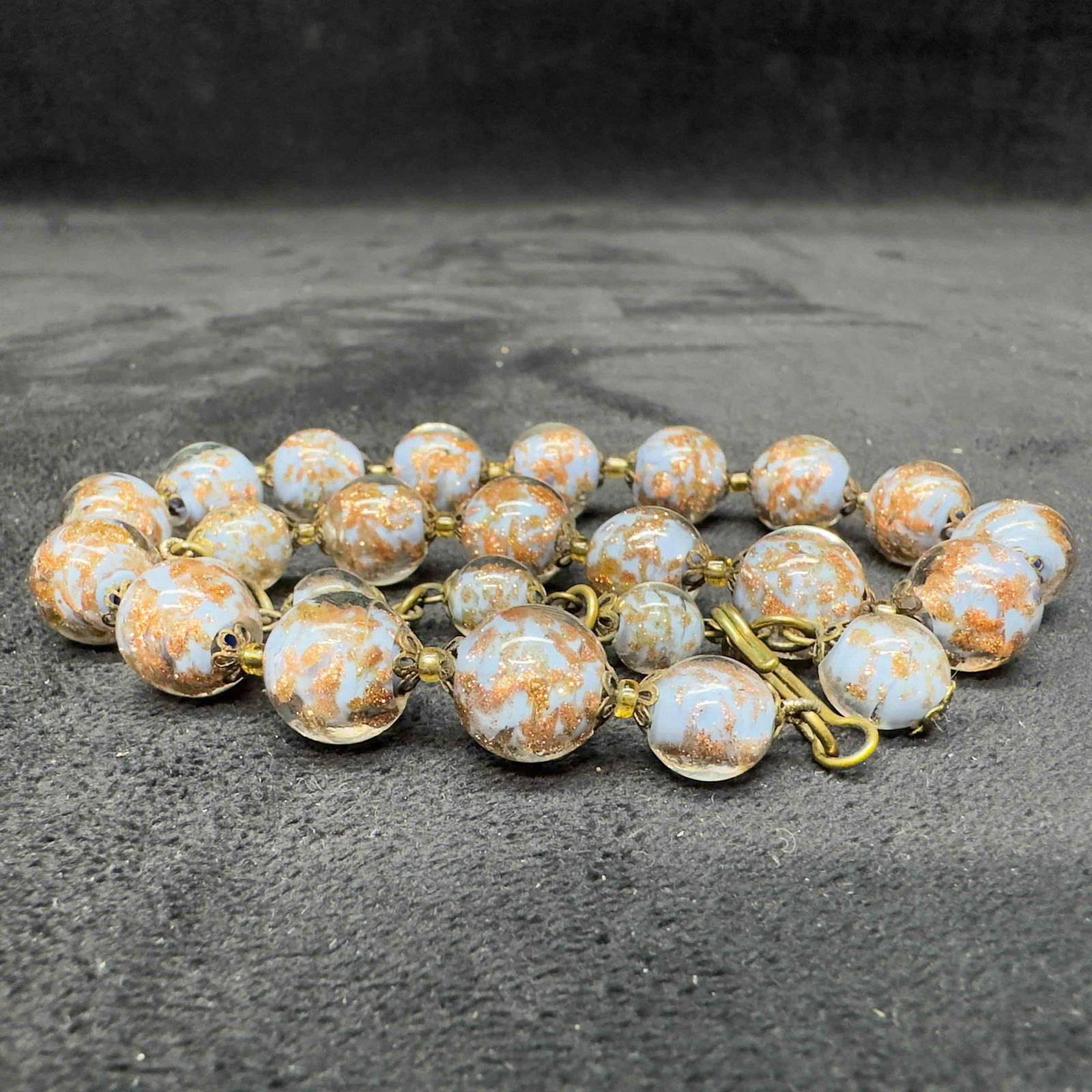 Murano Venetian Lamp Work Glass Copper Light Blue Round Bead Beaded Necklace B33 (1 of 9)