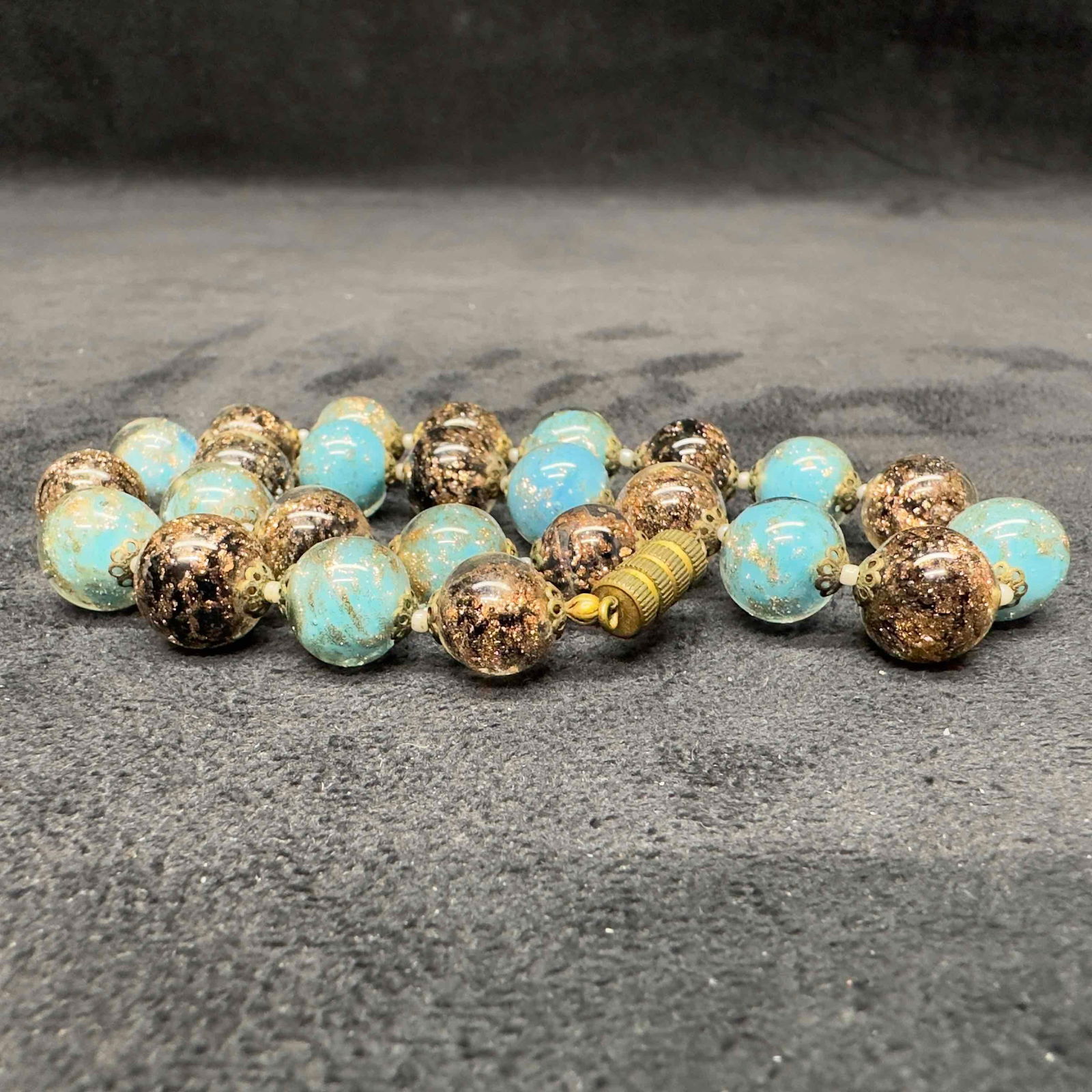 Murano Venetian Lamp Work Glass Black Blue Copper Round Beaded Necklace B37 (1 of 7)