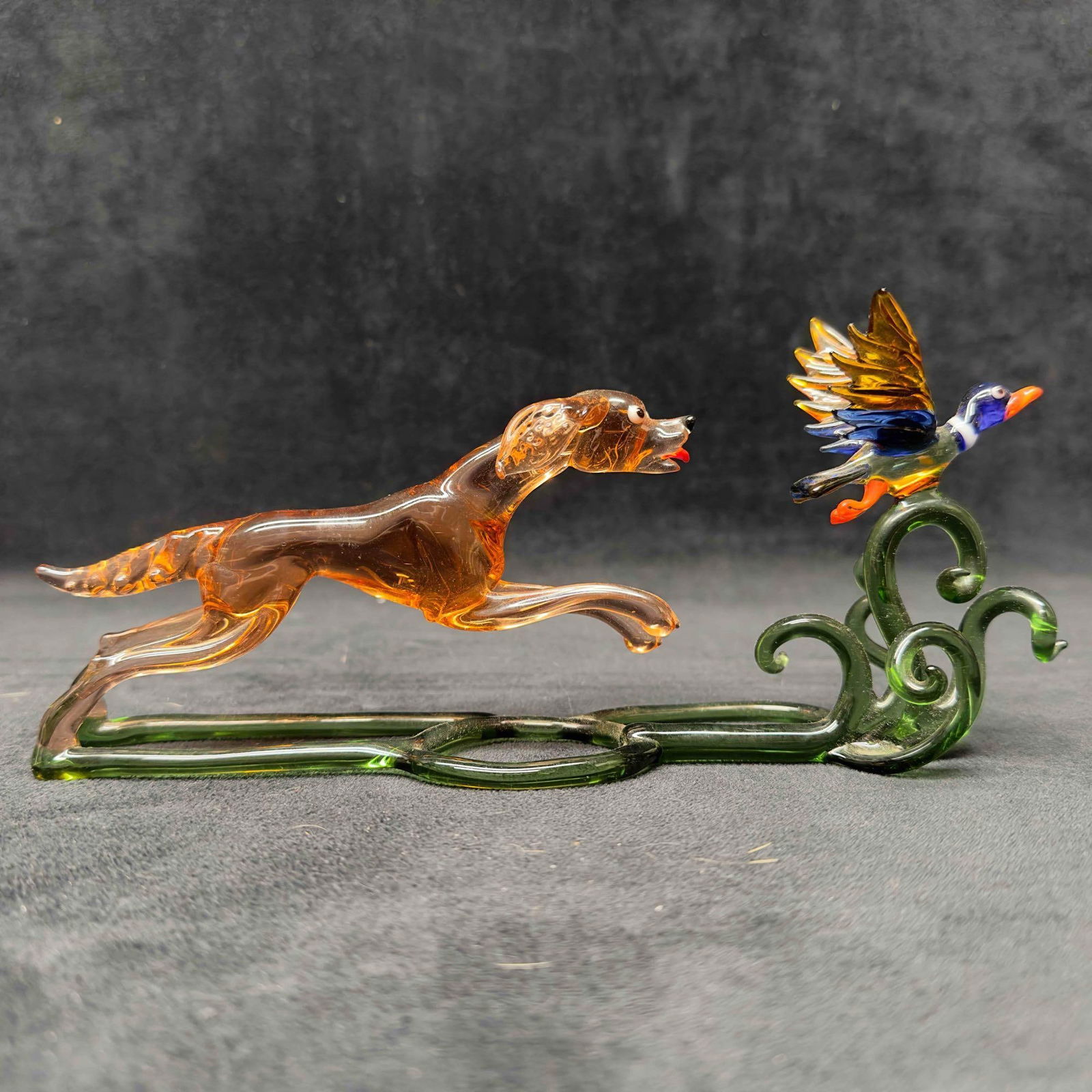 Dog Chasing Duck Art Glass Figure Sculpture Figurine (1 of 9)