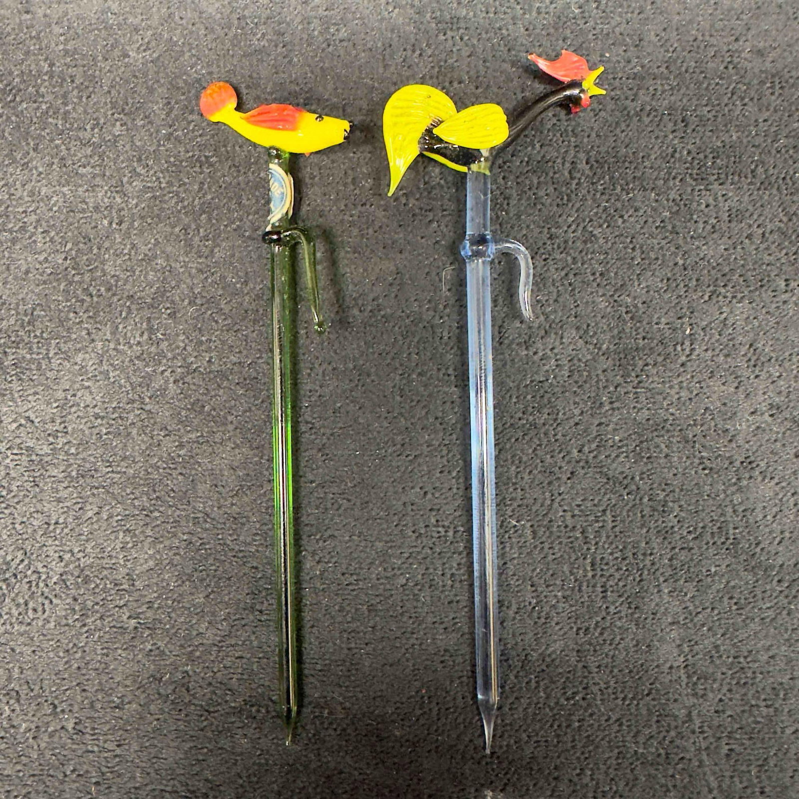 Glass Cocktail Appetizer Picks Sticks Fish Rooster Set: Glass Cocktail Appetizer Picks Sticks Fish Rooster Set. Made in Germany. Unknown maker no identifying markings. No chips, cracks, or breaks in the glass. These items are in good pre owned, previously 