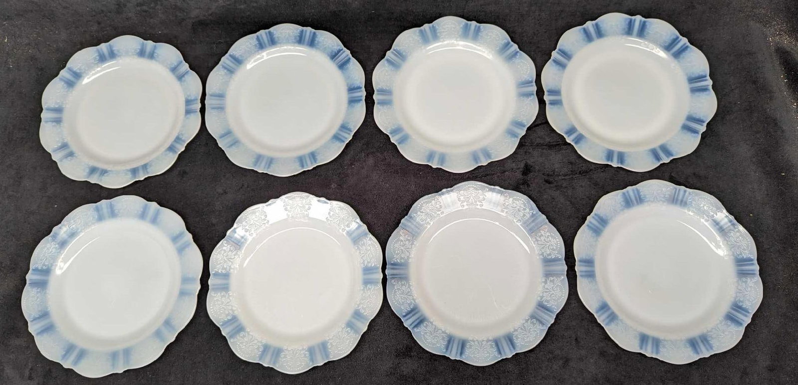 9 MacBeth Evans American Sweetheart Luncheon Plates: 9 MacBeth Evans American Sweetheart Luncheon Plates. Each of these translucent white glass plates is approx 8 7/8" x 3/4" x 7" x 8 7/8" and the total weight is 6.71 lbs. The plates hav