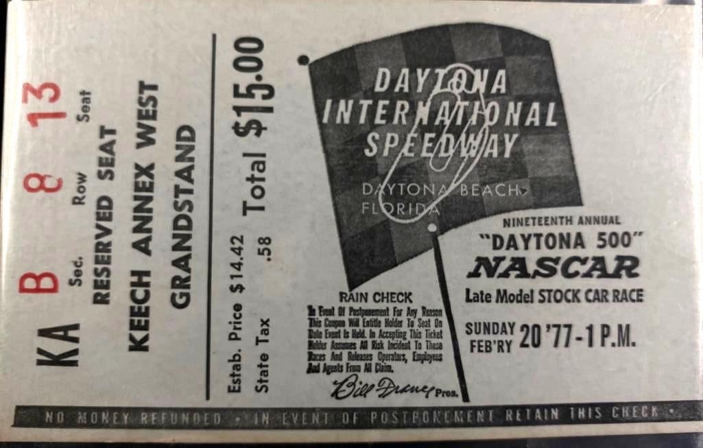 Ticket from the 1977 Daytona 500 (Cale Yarborough) (1 of 3)