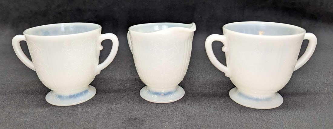 MacBeth Evans American Sweetheart Sugar Bowls & Creamer: MacBeth Evans American Sweetheart Sugar Bowls & Creamer. The two sugar bowls are approx 5" x 3 1/4" x 3 1/4". The creamer is approx 3" x 3 3/8" x 3 1/2". The total weight i