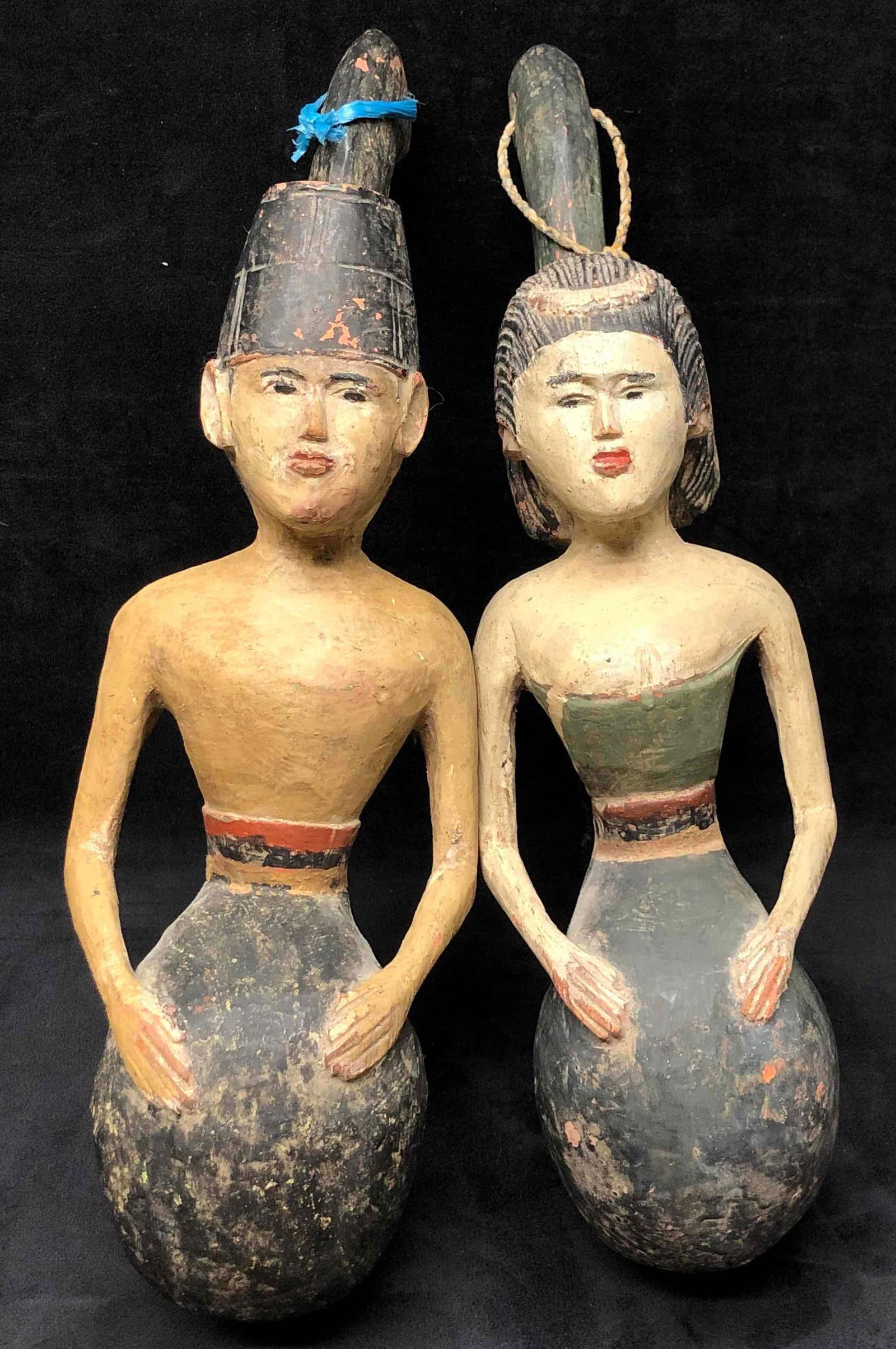 Pair of Wooden Ceremonial Mosquito Net Holders - Vintage Asian Handcrafted Folk Art - Man & Woman (1 of 12)