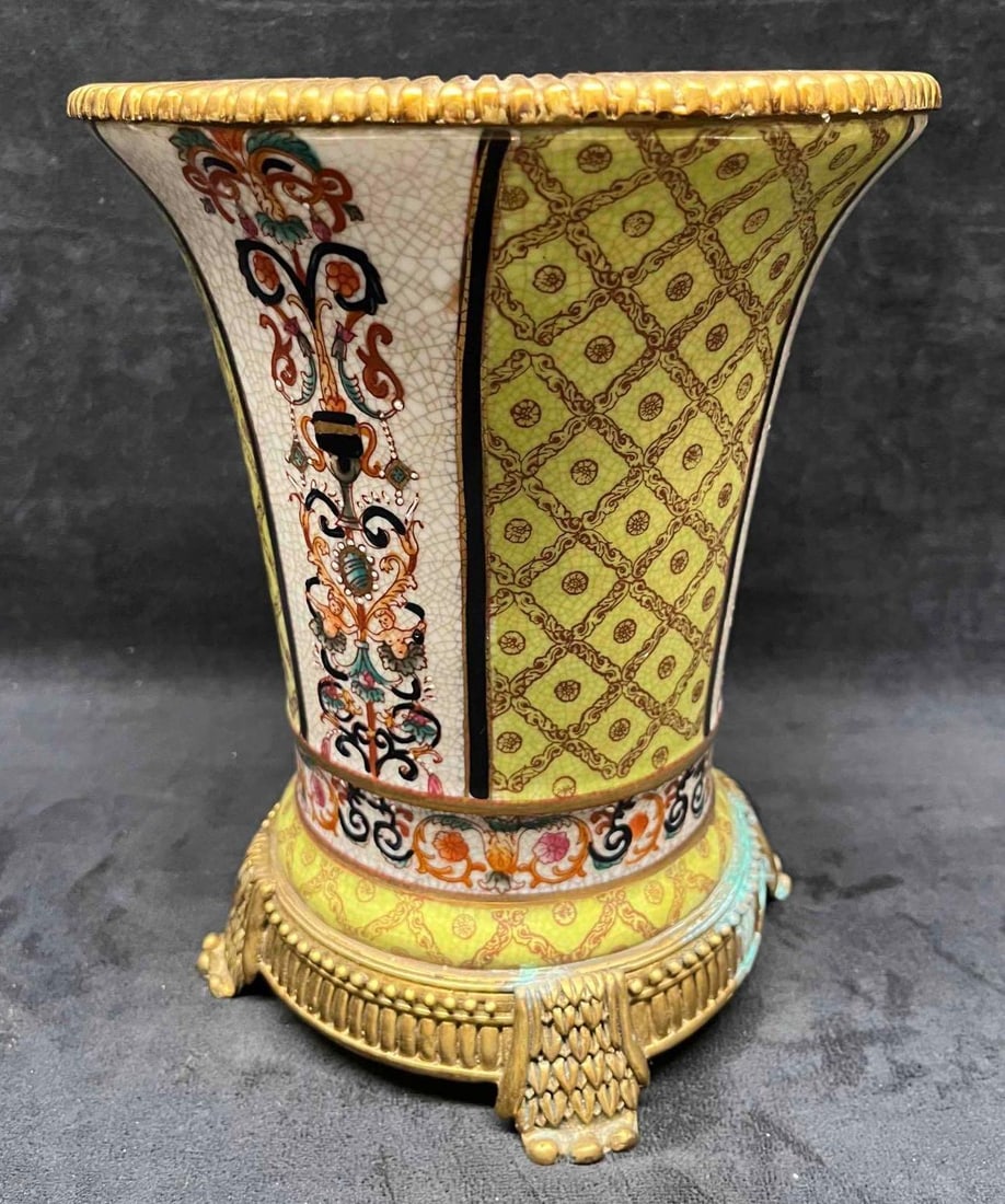 Chinese Crackle Glaze Porcelain & Brass Trim Vase: This lot contains a Chinese Crackle Glaze Porcelain & Brass Trim Vase. It is approx 8 1/4" x 8" x 9 3/4" and it weighs about 5.6lbs. Overall the vase is in good sued condition with som
