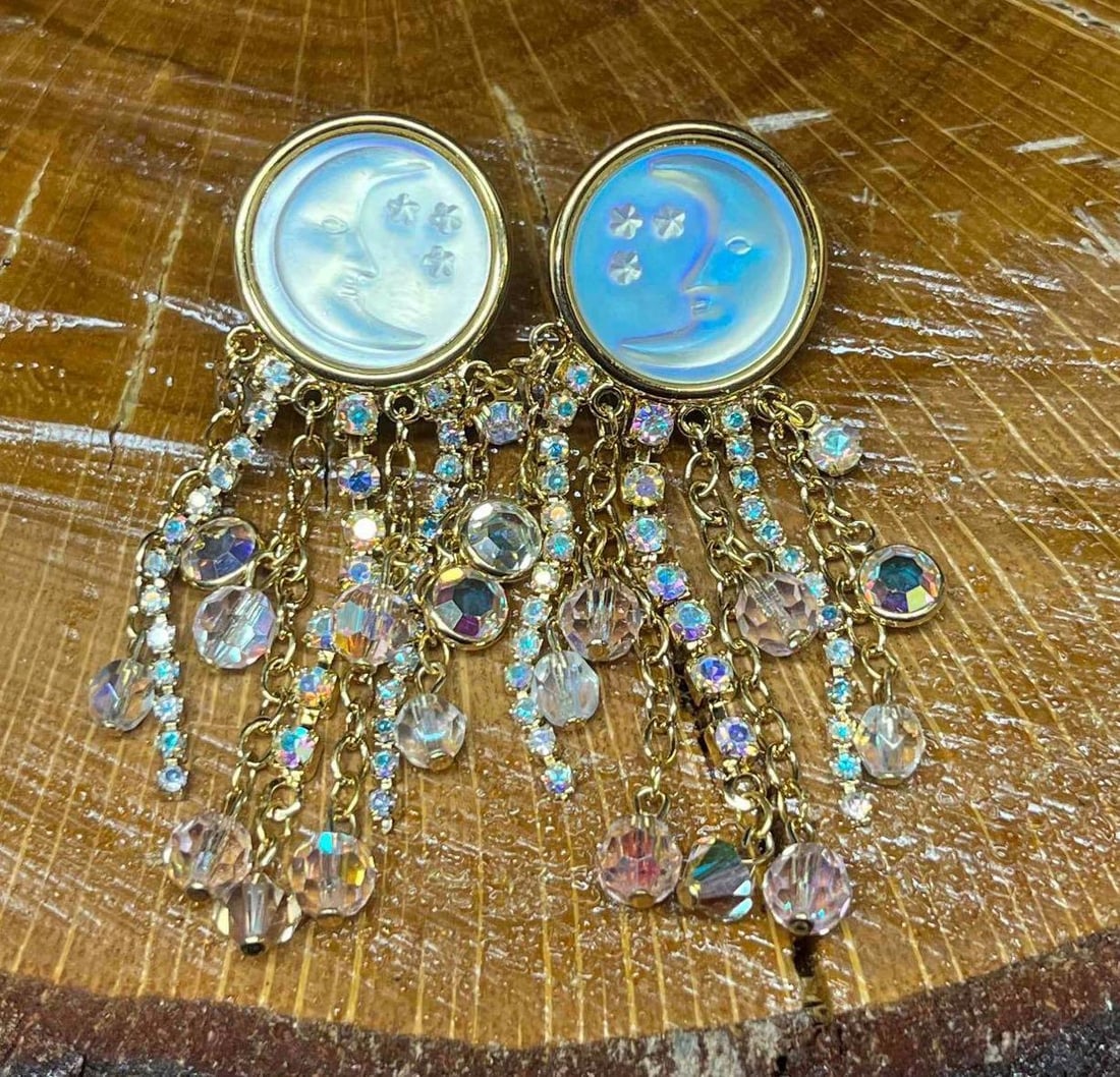 Signed Vintage Kirks Folly Gold Tone Moon Drop Earrings (1 of 10)