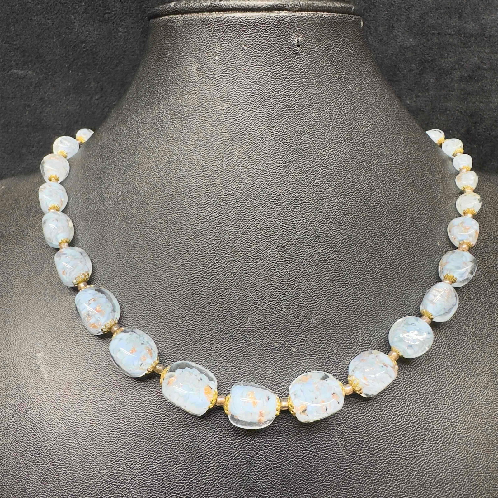 Venetian Murano Lamp Work Glass Light Blue Copper Color Speckled Bead Necklace (1 of 8)