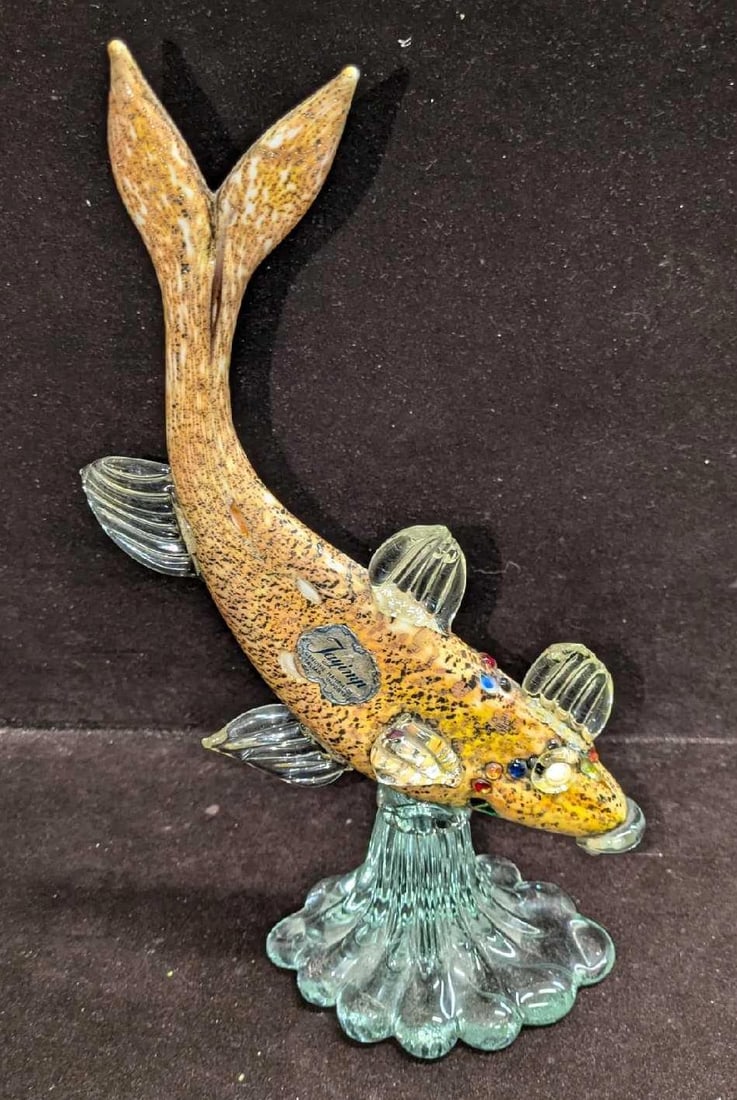 Vintage Italian Glass Koi Fish Sculpture JB: Vintage Italian Glass Koi Fish Sculpture JB. Has the importer's sticker on the side. This is approx 7" x 3" x 12 3/8" and it weighs 1.64lb. The sculpture has no chips or cracks.