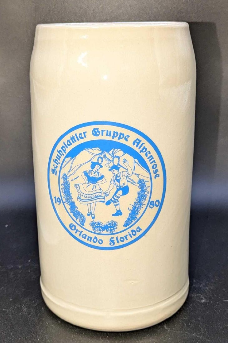 1980 Schuhplattler Gruppe Alpenrose Pottery Stein: 1980 Schuhplattler Gruppe Alpenrose Pottery Stein. The "Schuhplattler Gruppe Alpenrose" is a German dance group formed in Orlando, Florida in 1980. Schuhplattler is a traditional style of folk