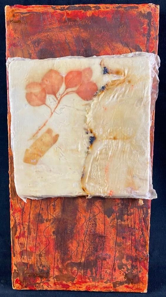 Etta Jean Juge "Discovery" Encaustic Mixed Media: Etta Jean Juge "Discovery" Encaustic Mixed Media This piece entitled "Discovery" by Etta Jean Juge is an encaustic mixed media painting done on a wooden board. The combination of the t