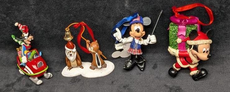 Disney Goofy Chip N Dale Mickey Minnie Mouse Ornaments: Disney Goofy Chip N Dale Mickey Minnie Mouse Ornaments. This lot includes: (1) Goofy On Snowmobile Christmas Ornament. The plastic ornament is approx 2 3/4" x 1 3/4" x 3 1/4". (1) Disney C