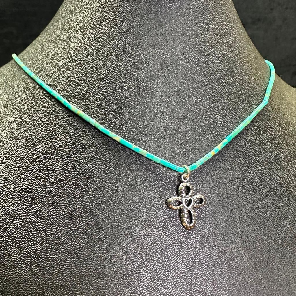 Sterling Turquoise Bead Necklace Cross Pendant (1 of 8)