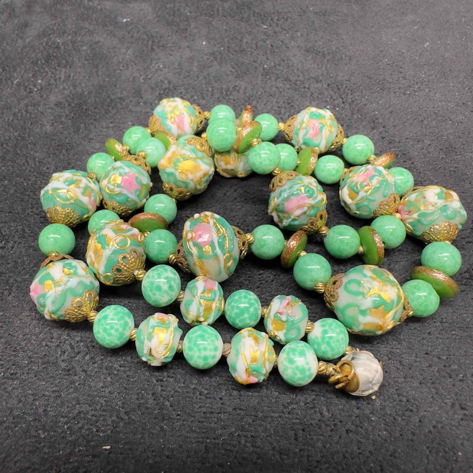 Murano Venetian Art Glass Lamp Work Bead Light Green Floral Beaded Necklace B57 (1 of 7)