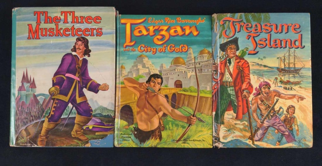 Three Vintage Classis Hardcover Adventure Books: This lot includes: (1) Tarzan And The City Of Gold by Edgar Rice Burrough. Published by Whitman Publishing Company in 1954. The book is approx 5 1/2" x 1" x 8".The book's hardcover has