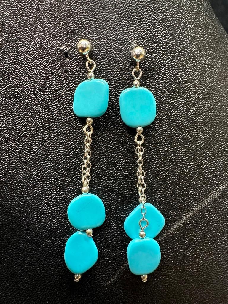 Sterling Silver Simulated Turquoise Dangle Chain Earrings (1 of 2)