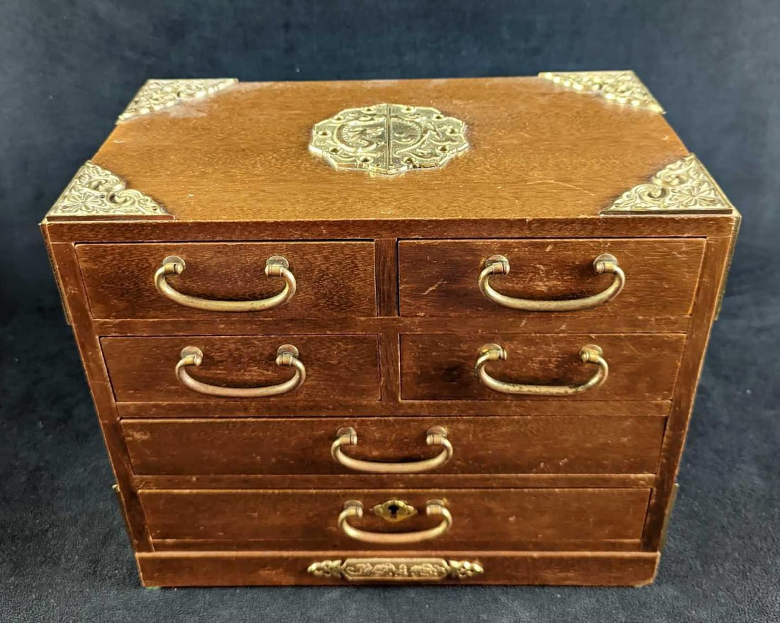 Vintage Wood & Brass Tantu Jewelry Box: Vintage Wood & Brass Tantu Jewelry Box With Blue Velvet Lining. Is approx 11 5/8"x 6 1/2" x 10" and it weighs 6.5lbs. The jewelry box is in good, vintage condition with some signs of w