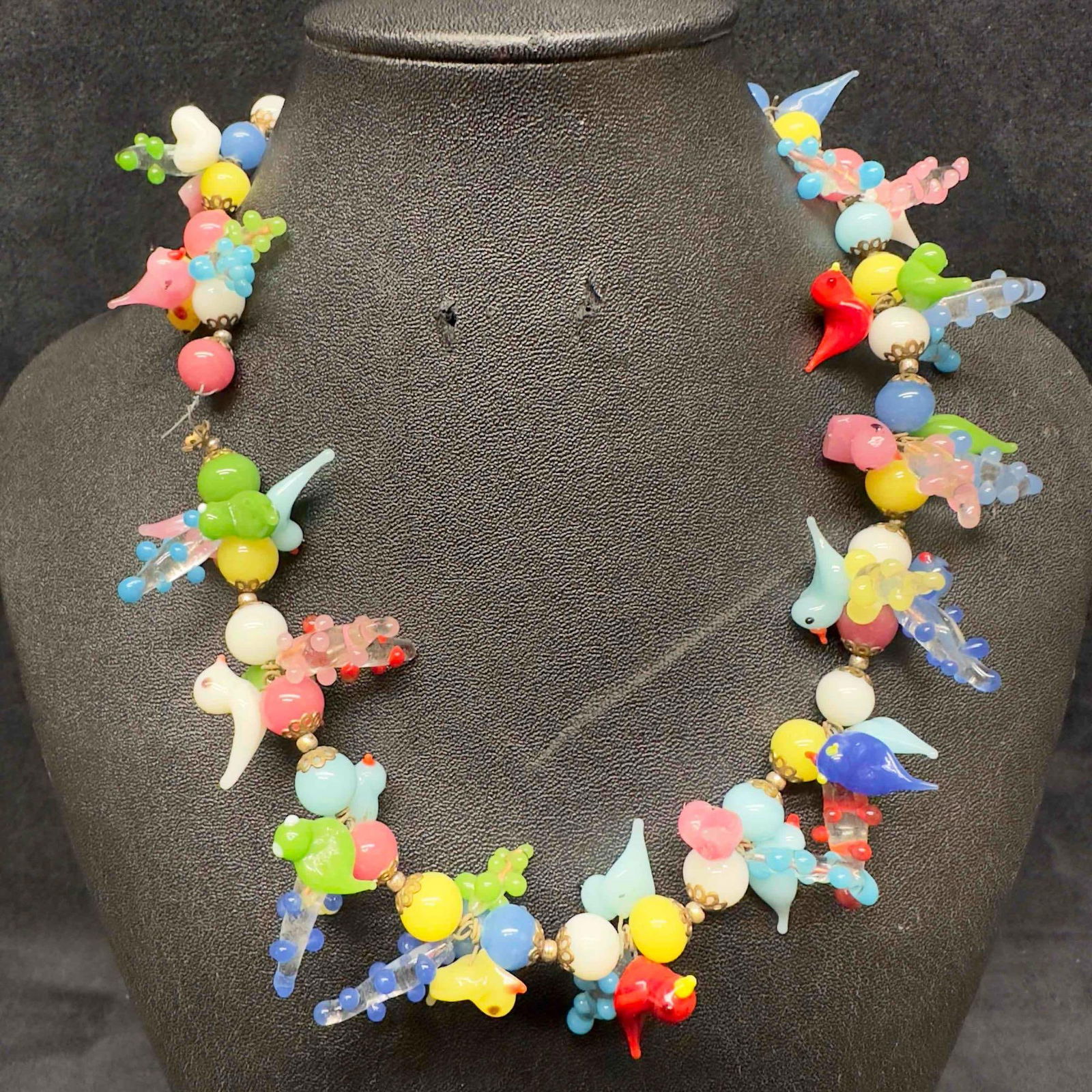 Venetian Murano Lamp Work Art Glass Multi Colored Bird Shaped Broken Beaded Necklace E68 (1 of 13)
