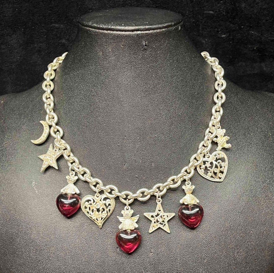 Signed Vintage Kirks Folly Silver Tone Necklace With Red Hearts (1 of 11)