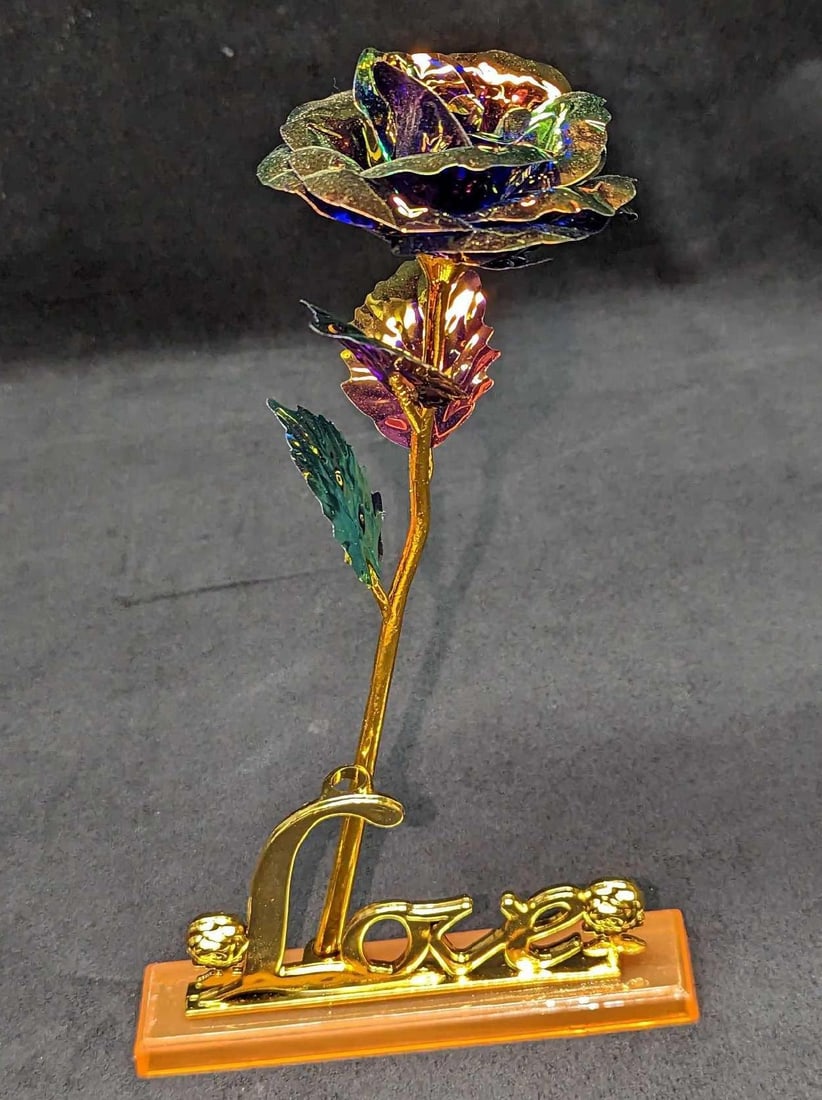 Childom Love Forever Rose, Purple And Gold A: Childom Love Forever Rose, Purple And Gold A. Plastic flower with stand. This is approx 5 1/2" x 1 1/4" x 9 3/4". Comes with its original box which is approx 3 3/4" x 3" x 10 1/4&#